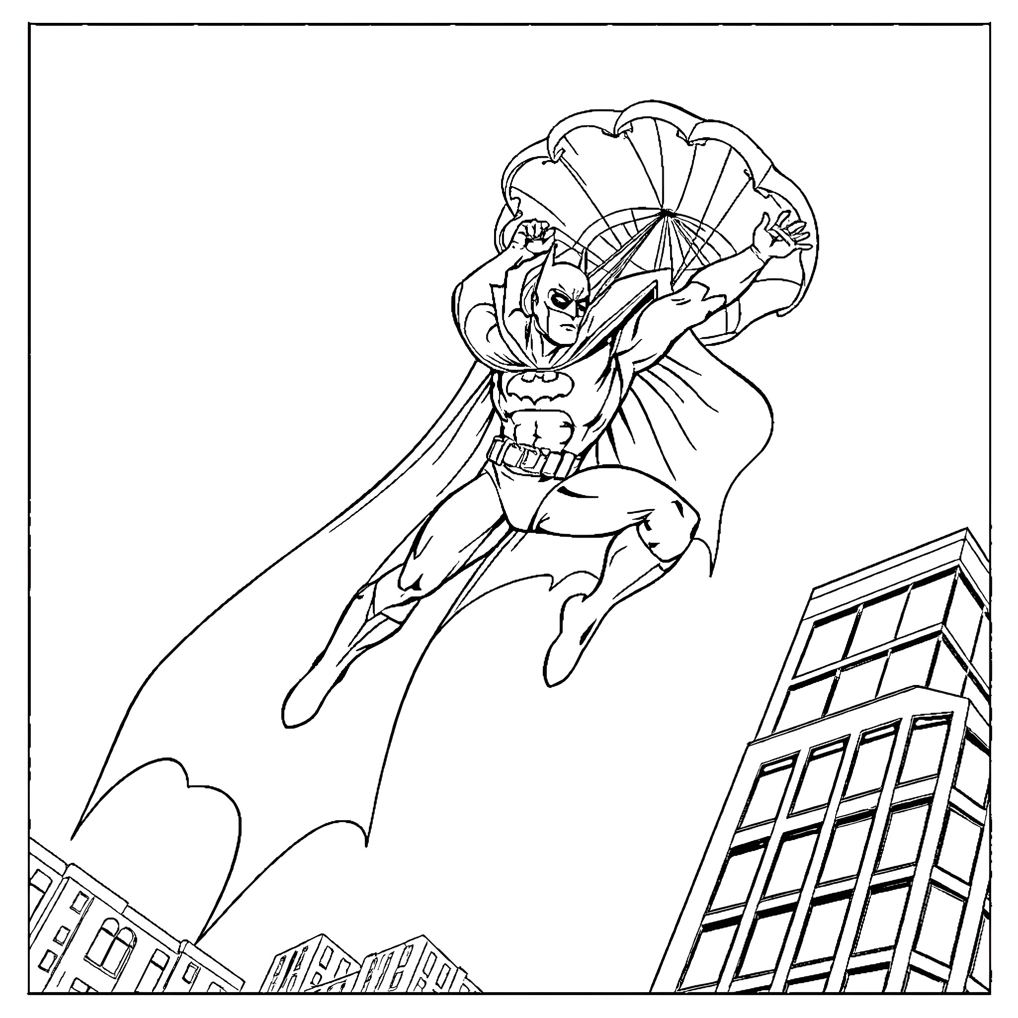Batman soaring through the city skyline Coloring Page (free black-and-white line drawing printable PDF for all, from beginners to advanced learners, including children, teens, adults, and seniors)