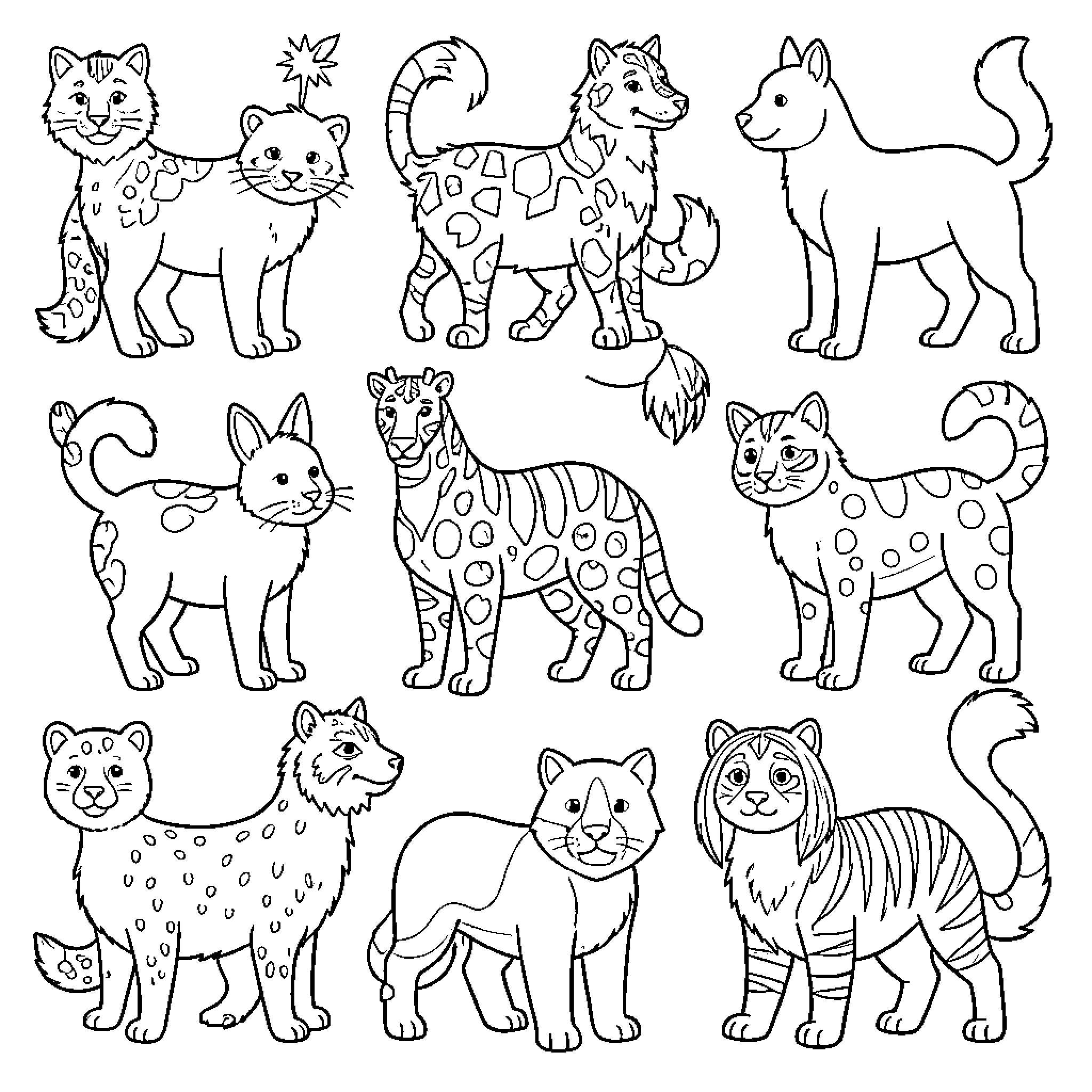 Animal cartoon cats in various poses and designs Coloring Page (free black-and-white line drawing printable PDF for all, from beginners to advanced learners, including children, teens, adults, and seniors)