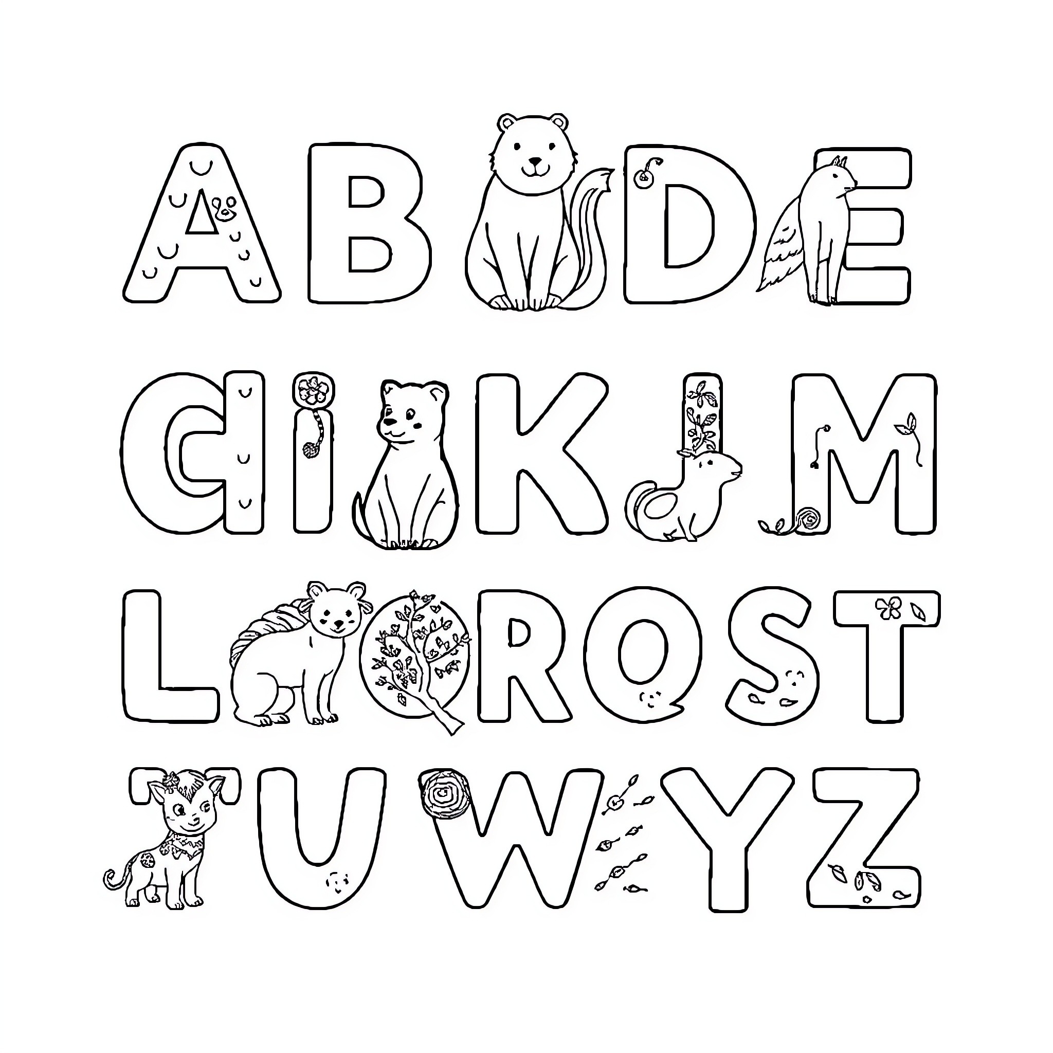 Alphabet with cute animals and nature elements Coloring Page (free black-and-white line drawing printable PDF for all, from beginners to advanced learners, including children, teens, adults, and seniors)
