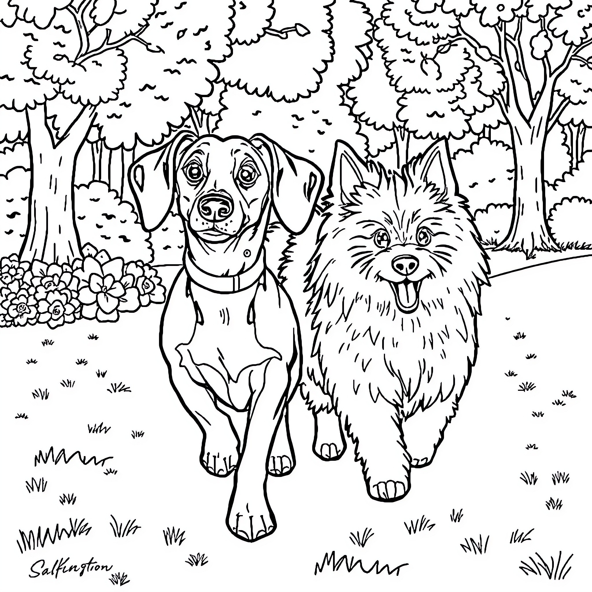 Dog and Fluffy Companion Explore the Outdoors Coloring Page (free black-and-white line drawing printable PDF for all, from beginners to advanced learners, including children, teens, adults, and seniors)