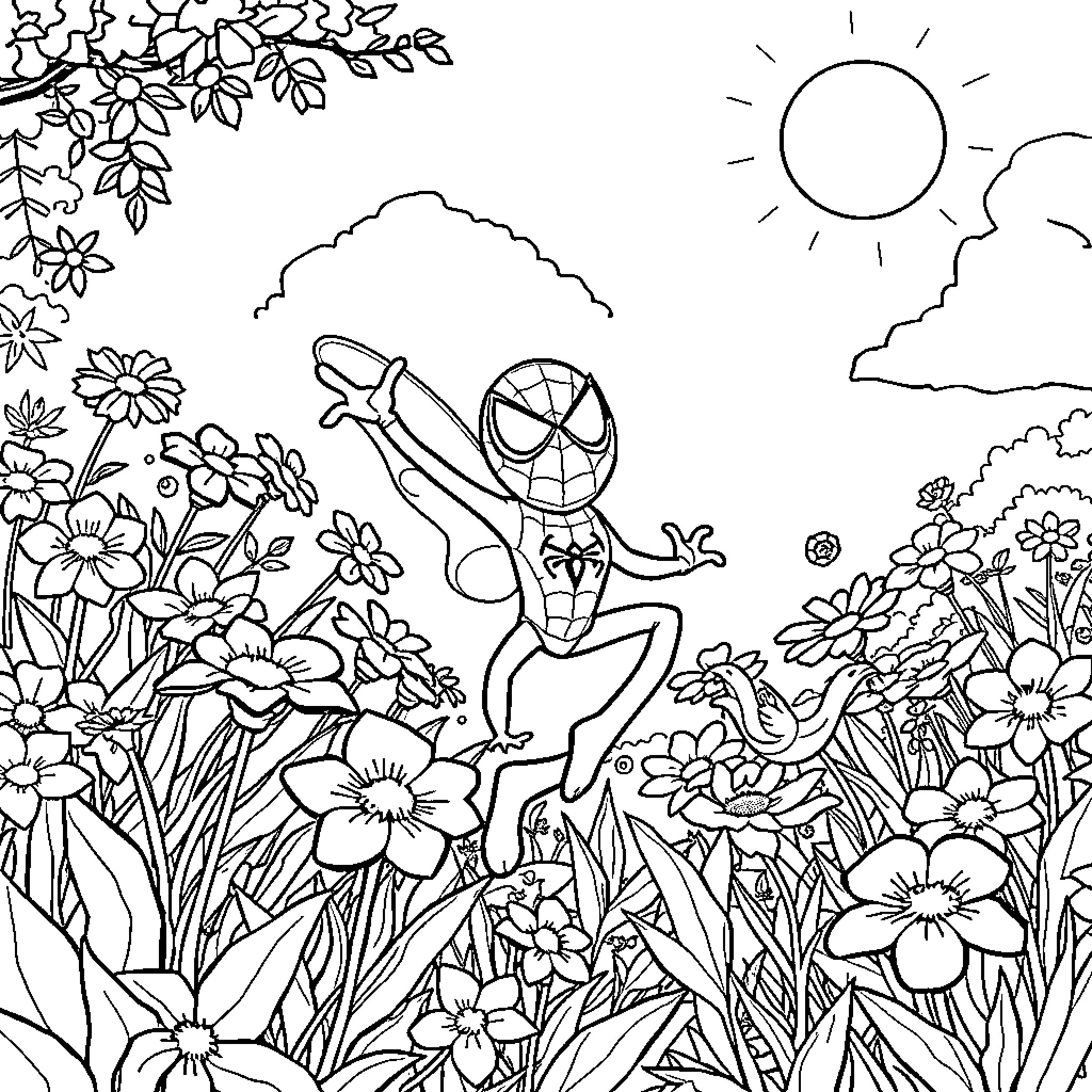 Spider-Man Swinging Through a Floral Landscape Coloring Page (free black-and-white line drawing printable PDF for all, from beginners to advanced learners, including children, teens, adults, and seniors)