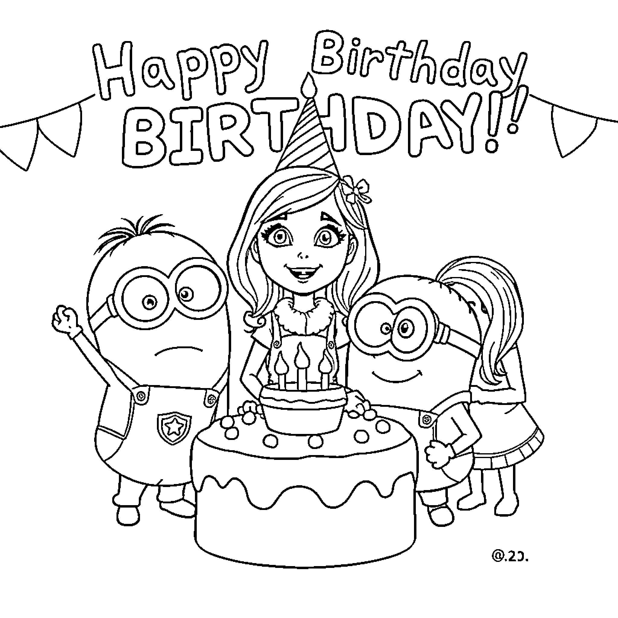 Emma's Happy Birthday with Minions Coloring Page (free black-and-white line drawing printable PDF for all, from beginners to advanced learners, including children, teens, adults, and seniors)
