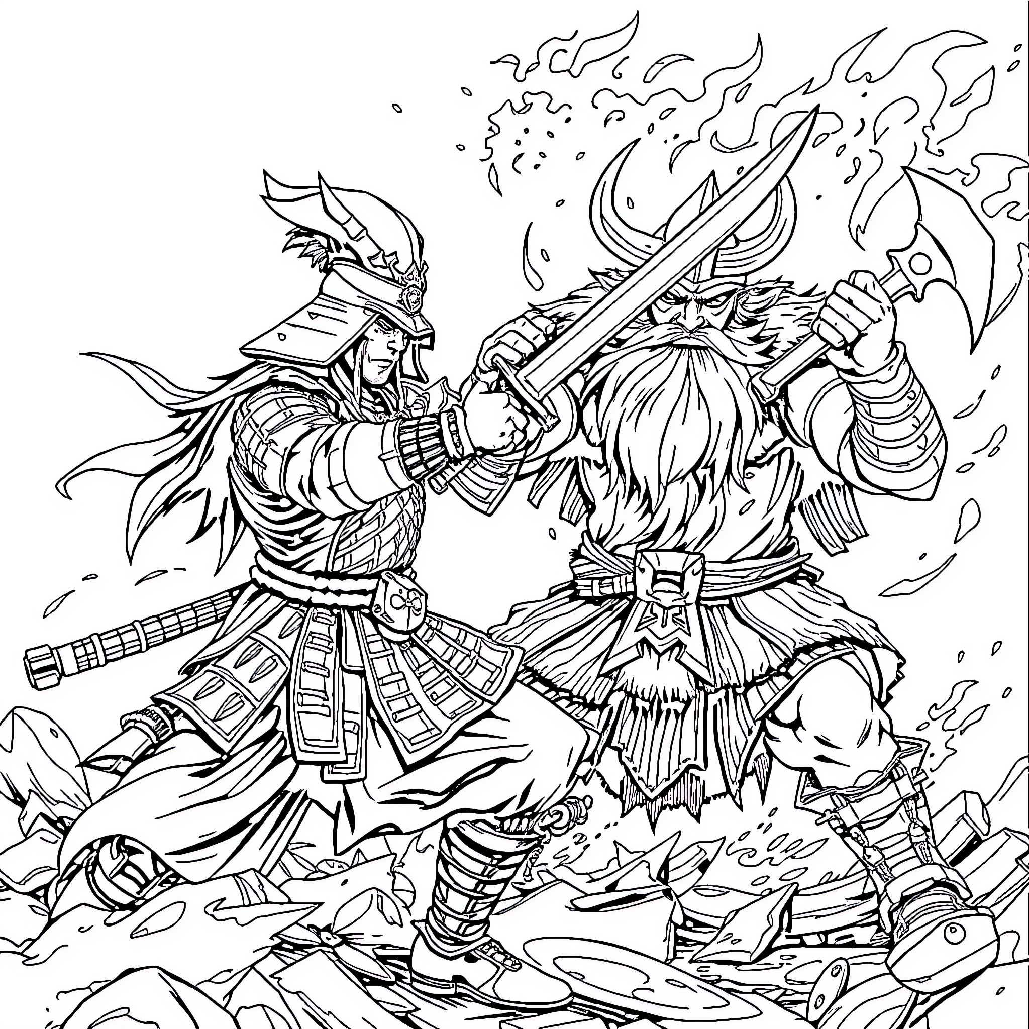Samurai warriors engaged in fierce battle Coloring Page (free black-and-white line drawing printable PDF for all, from beginners to advanced learners, including children, teens, adults, and seniors)