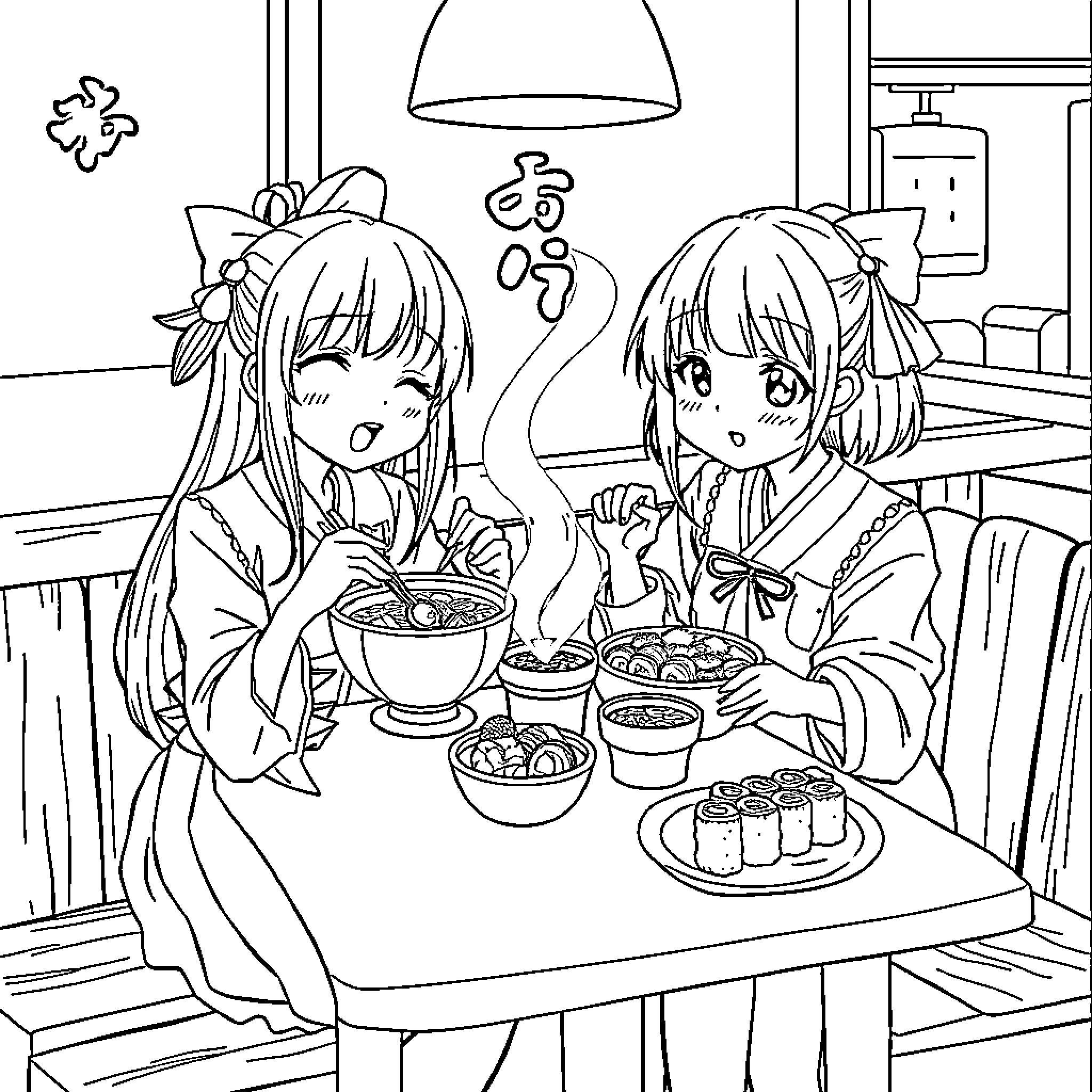 Mira et Mitsuri enjoying a cozy meal together Coloring Page (free black-and-white line drawing printable PDF for all, from beginners to advanced learners, including children, teens, adults, and seniors)