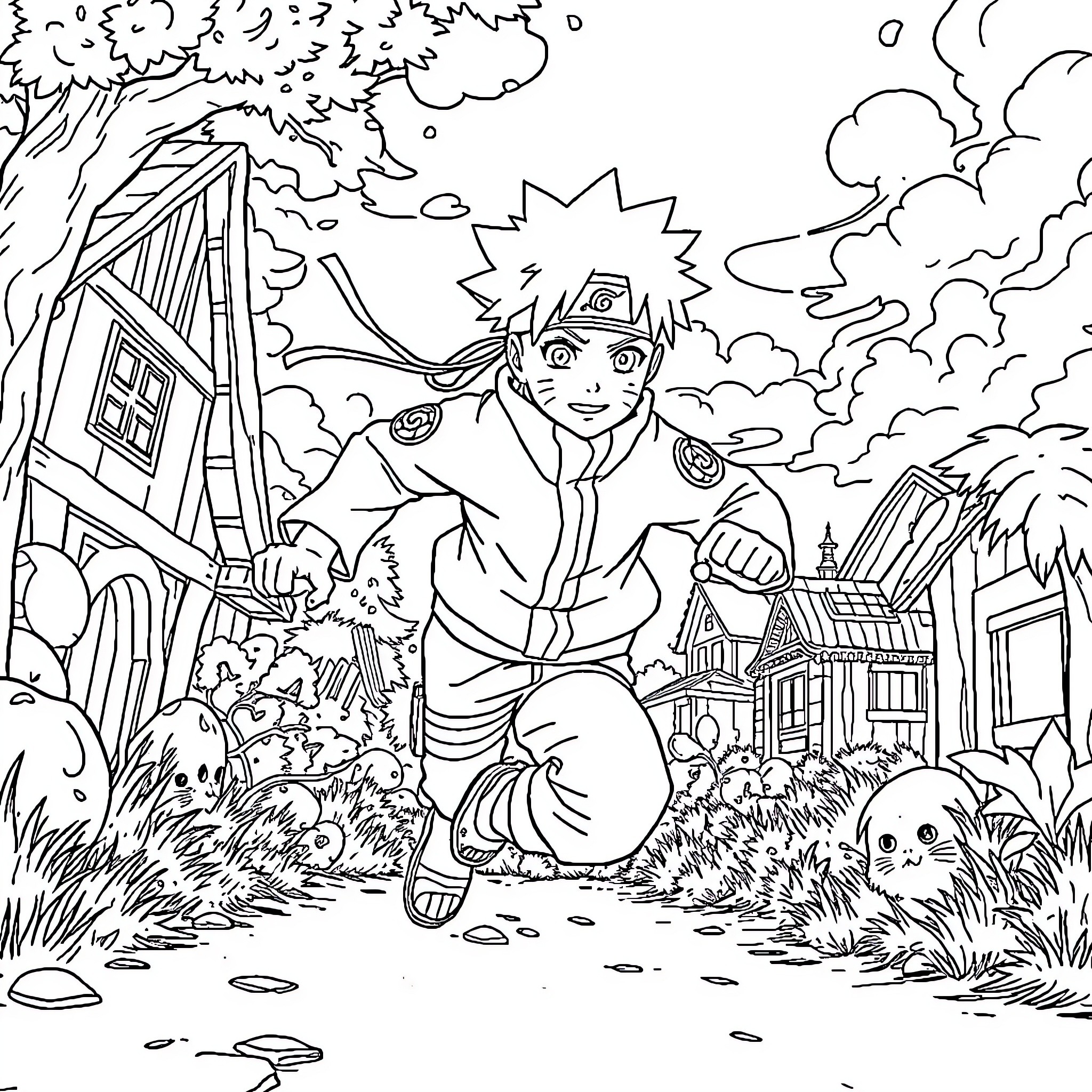 Naruto's Ninja Adventure in the Village Coloring Page (free black-and-white line drawing printable PDF for all, from beginners to advanced learners, including children, teens, adults, and seniors)