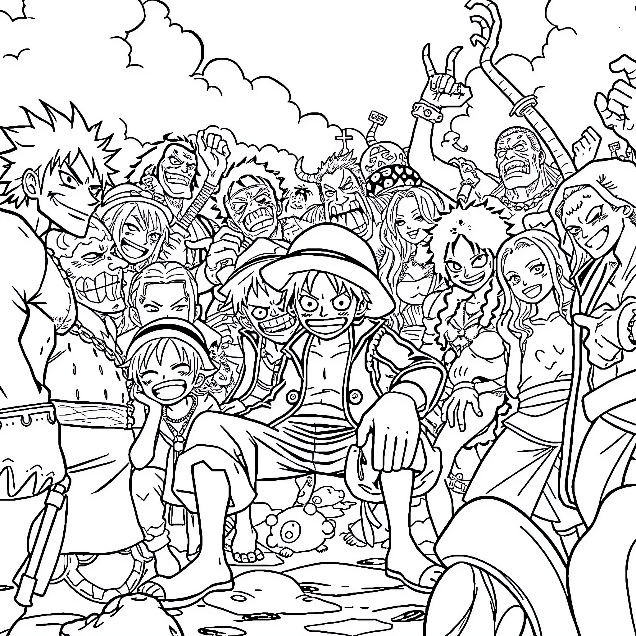 One Piece - Straw Hat Crew in Lively Adventure Coloring Page (free black-and-white line drawing printable PDF for all, from beginners to advanced learners, including children, teens, adults, and seniors)
