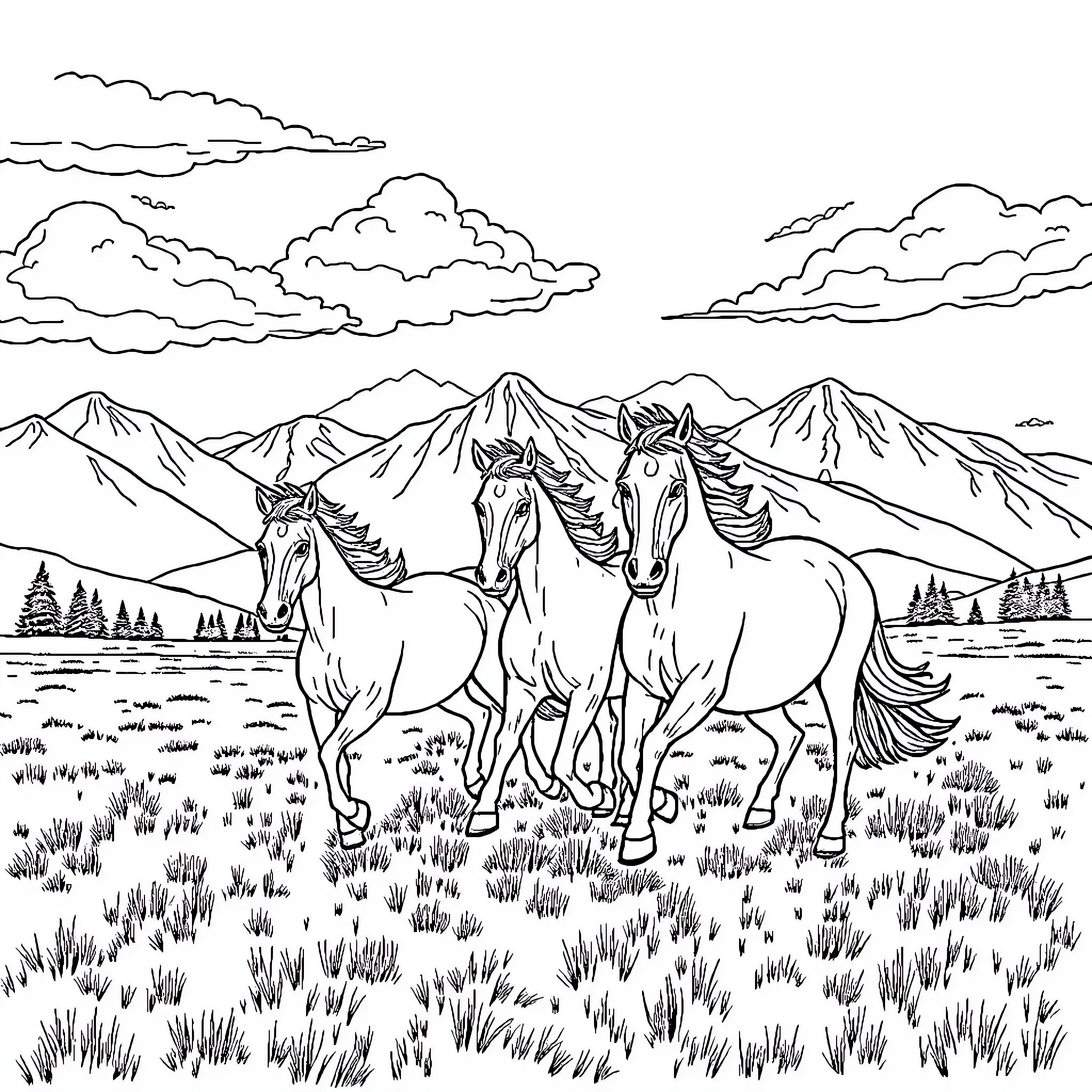 Horse herd galloping through scenic mountain landscape Coloring Page (free black-and-white line drawing printable PDF for all, from beginners to advanced learners, including children, teens, adults, and seniors)
