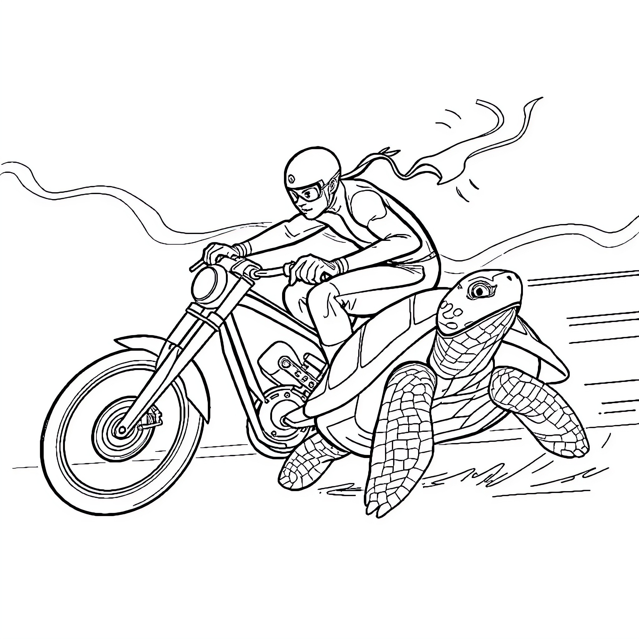 Flash riding motorcycle with sea turtle companion Coloring Page (free black-and-white line drawing printable PDF for all, from beginners to advanced learners, including children, teens, adults, and seniors)