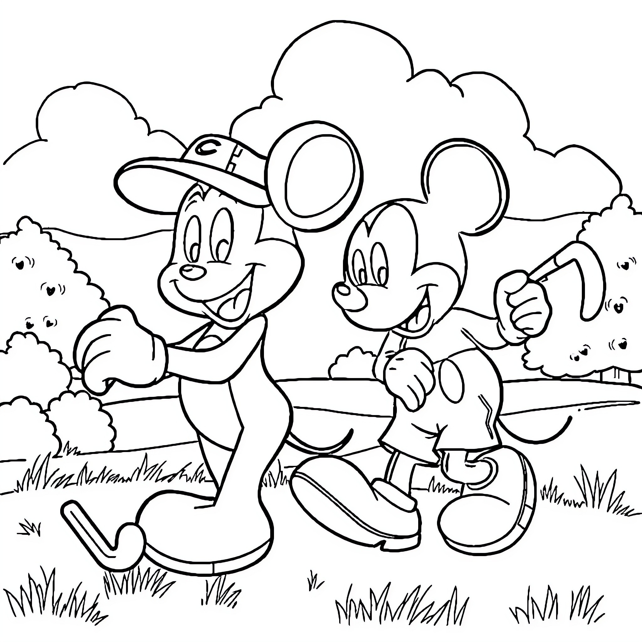 Bluey and Mickey playing happily outdoors Coloring Page (free black-and-white line drawing printable PDF for all, from beginners to advanced learners, including children, teens, adults, and seniors)