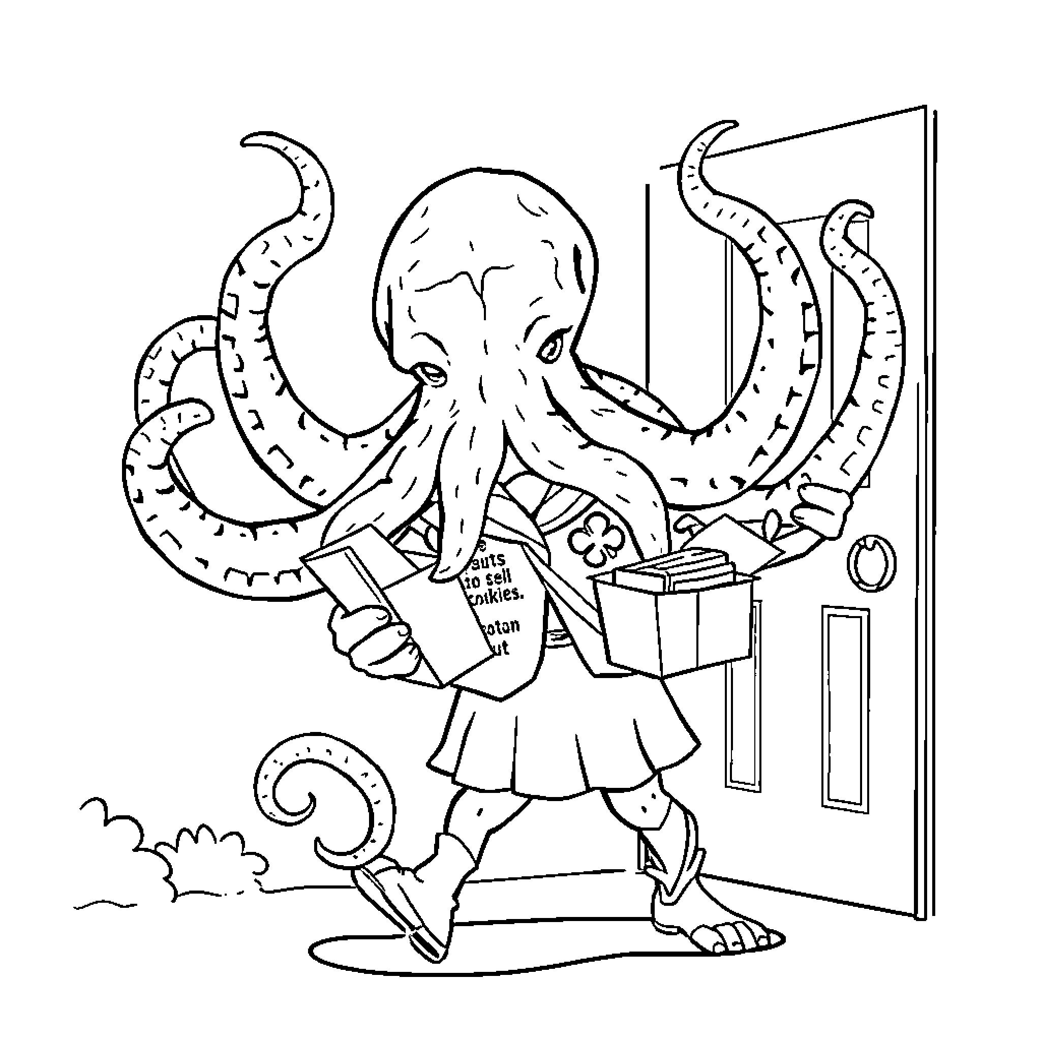 Cthulhu's Playful Antics in the Schoolroom Coloring Page (free black-and-white line drawing printable PDF for all, from beginners to advanced learners, including children, teens, adults, and seniors)