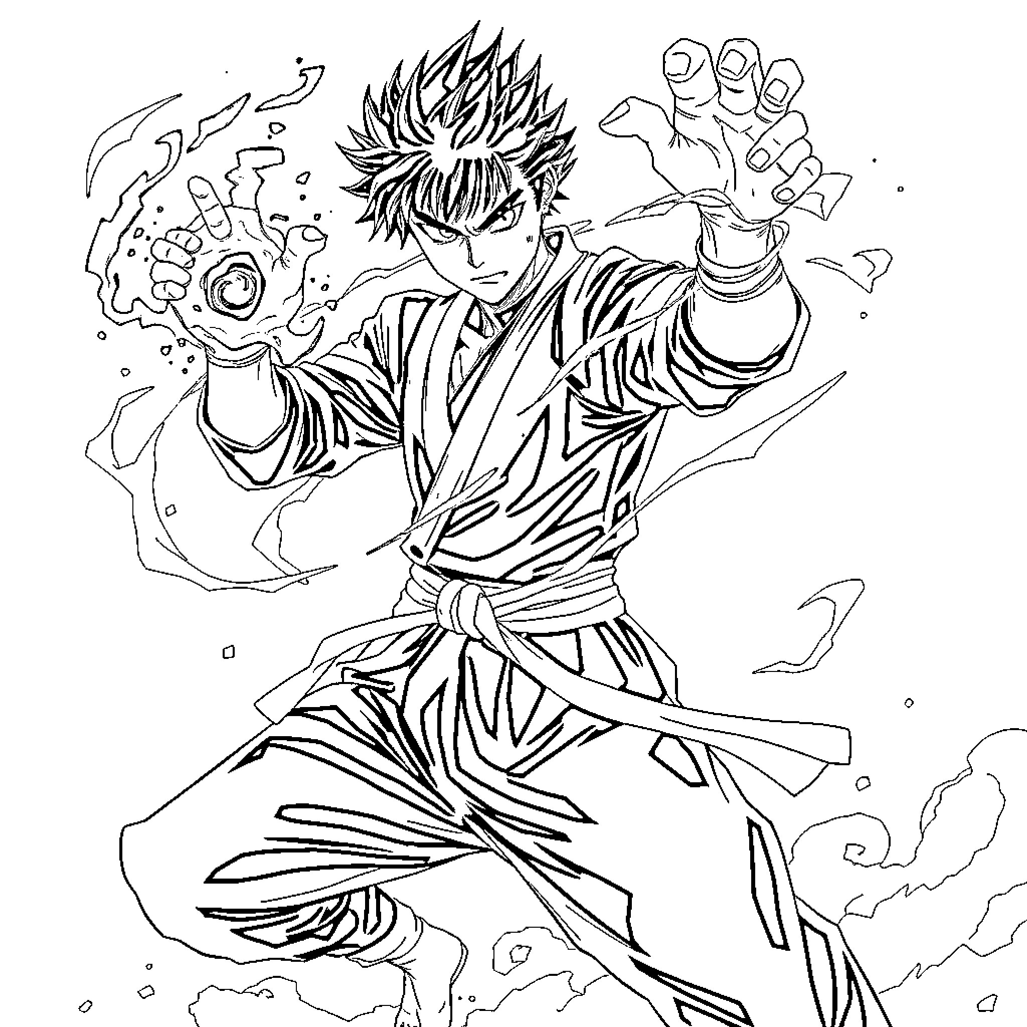Gojo wielding powerful energy in fierce combat Coloring Page (free black-and-white line drawing printable PDF for all, from beginners to advanced learners, including children, teens, adults, and seniors)