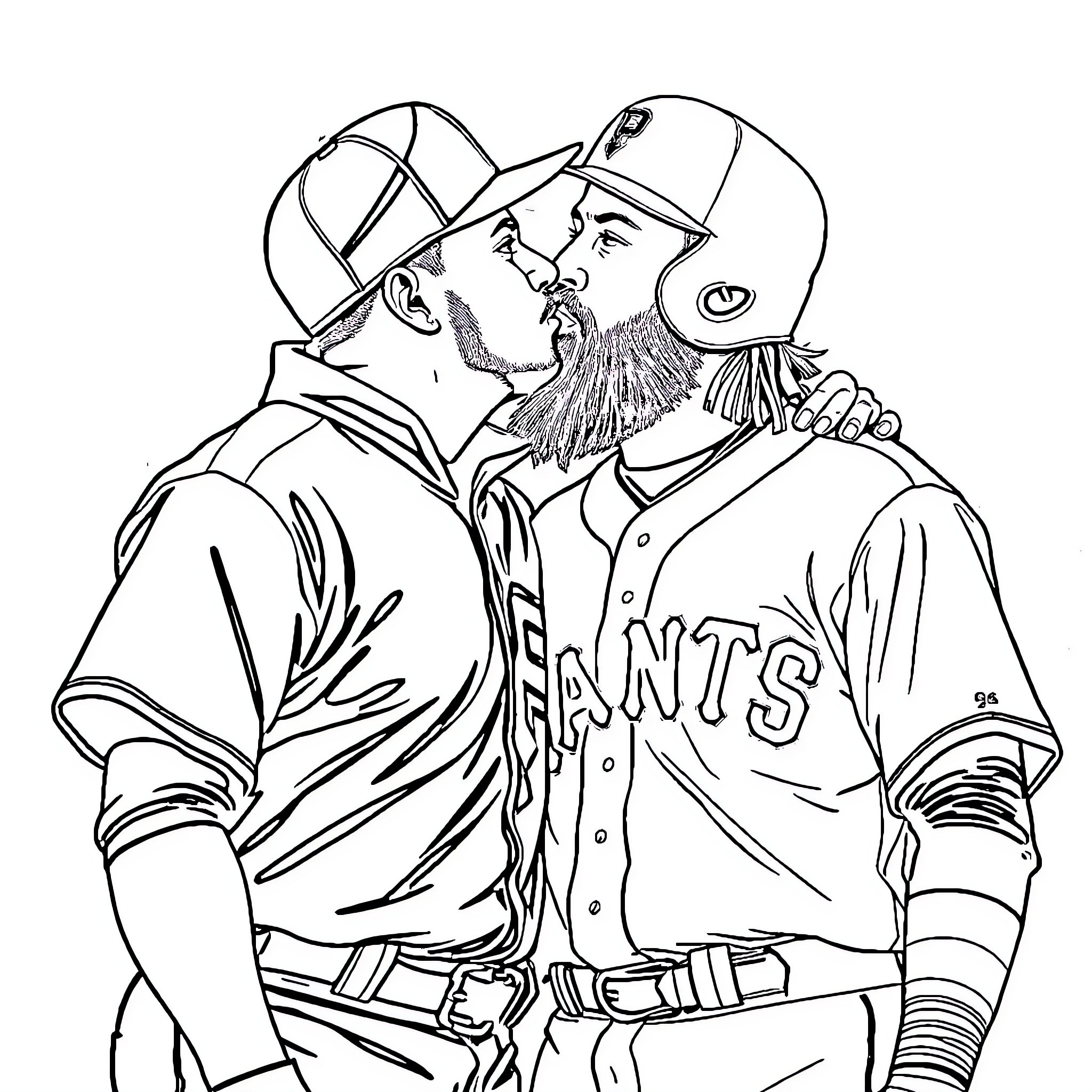 Oneil Cruz bonding with teammate in baseball uniforms Coloring Page (free black-and-white line drawing printable PDF for all, from beginners to advanced learners, including children, teens, adults, and seniors)