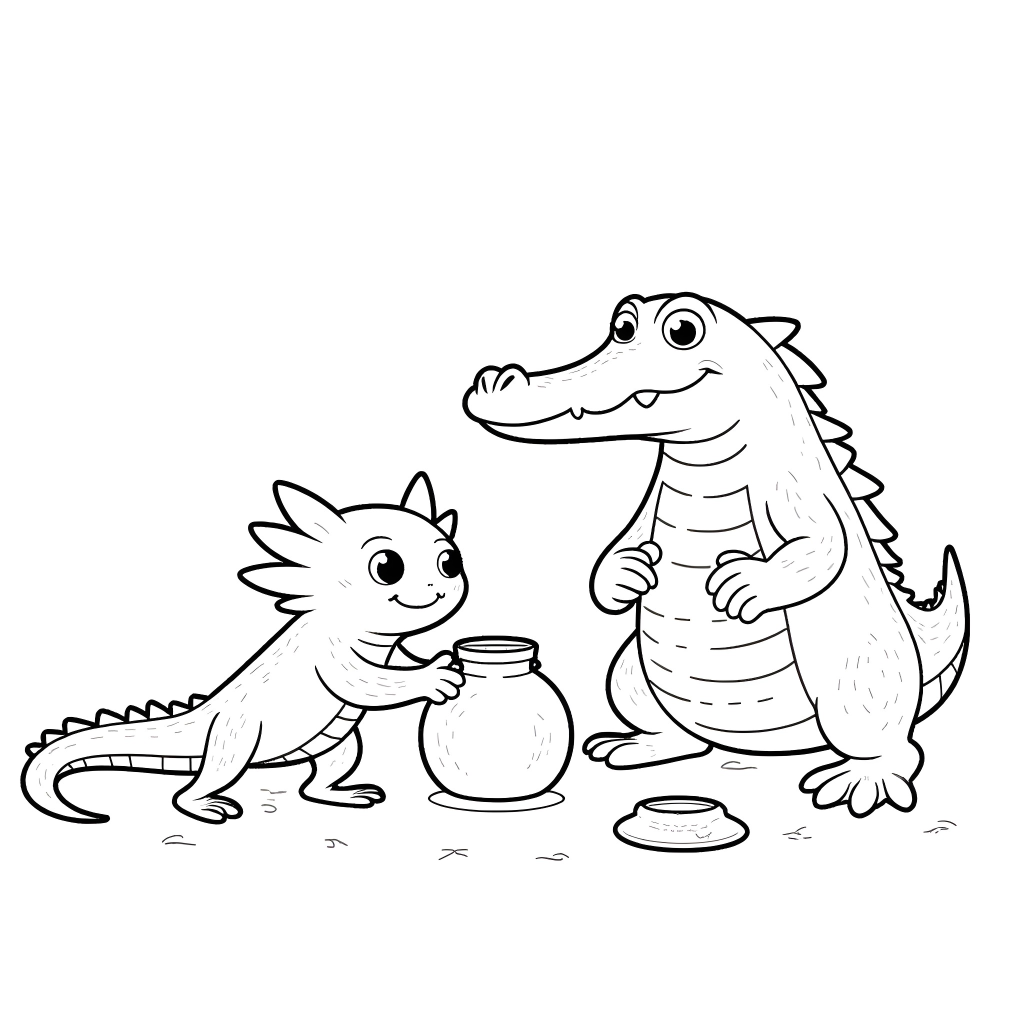 Axolotl siblings playing and exploring Coloring Page (free black-and-white line drawing printable PDF for all, from beginners to advanced learners, including children, teens, adults, and seniors)