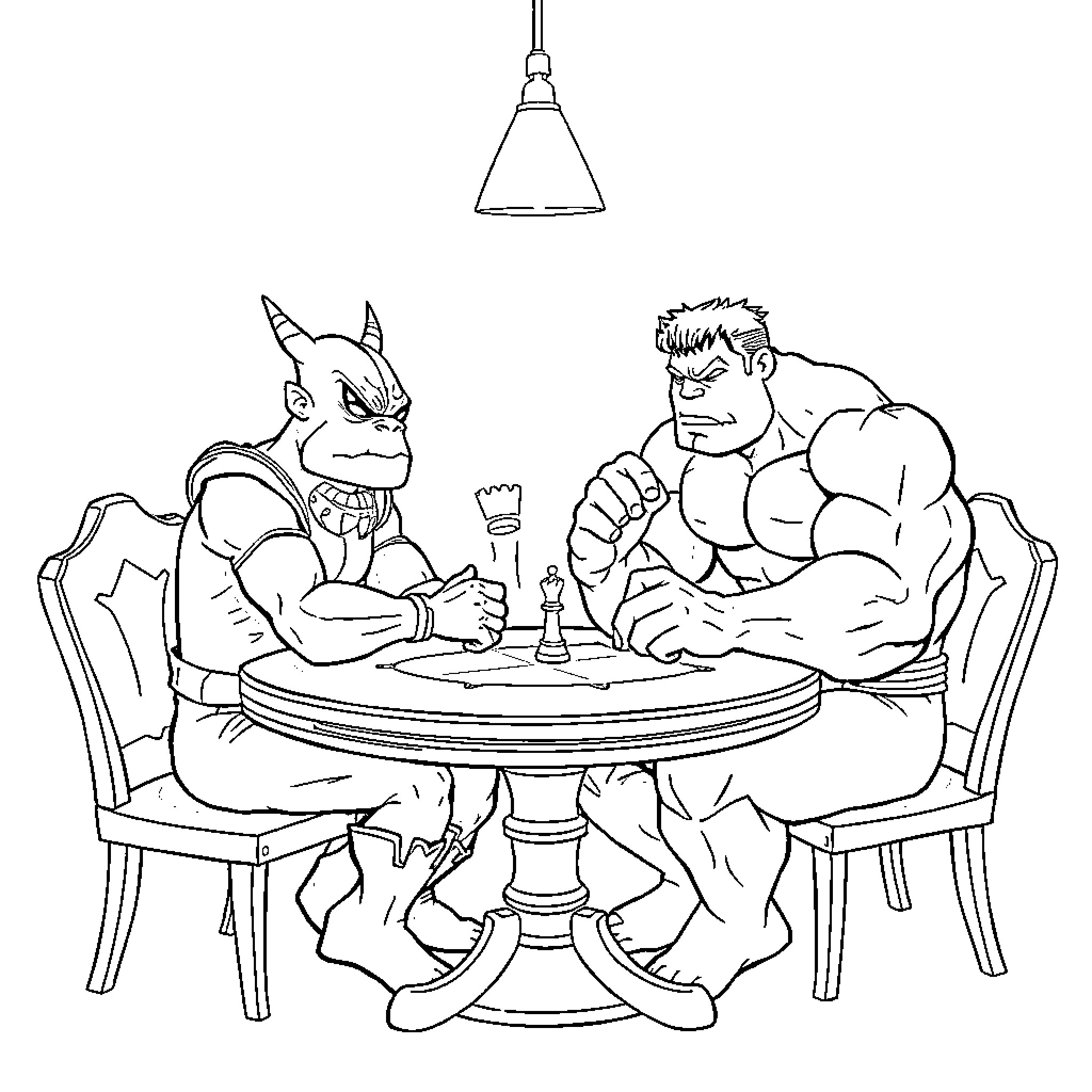 Hombre Antorcha playing chess with muscular man Coloring Page (free black-and-white line drawing printable PDF for all, from beginners to advanced learners, including children, teens, adults, and seniors)