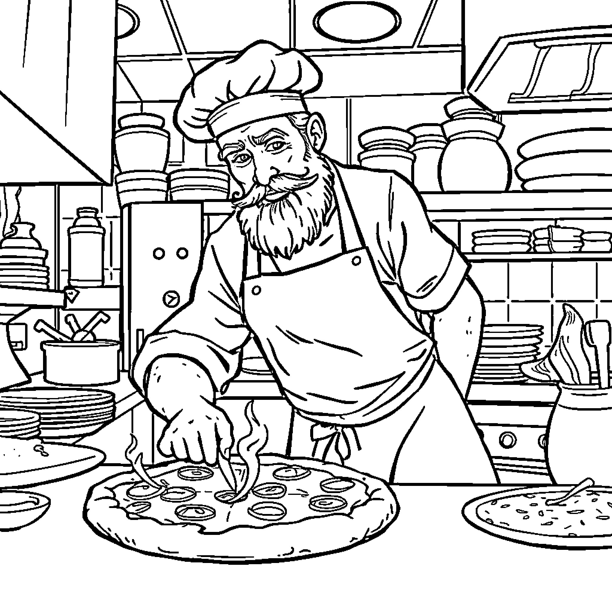 Chef preparing delicious meals in the kitchen Coloring Page (free black-and-white line drawing printable PDF for all, from beginners to advanced learners, including children, teens, adults, and seniors)