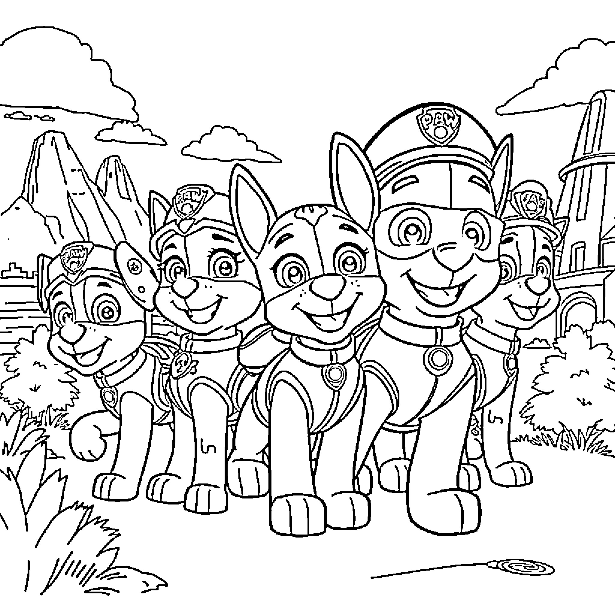 Paw Patrol characters on an adventure Coloring Page (free black-and-white line drawing printable PDF for all, from beginners to advanced learners, including children, teens, adults, and seniors)