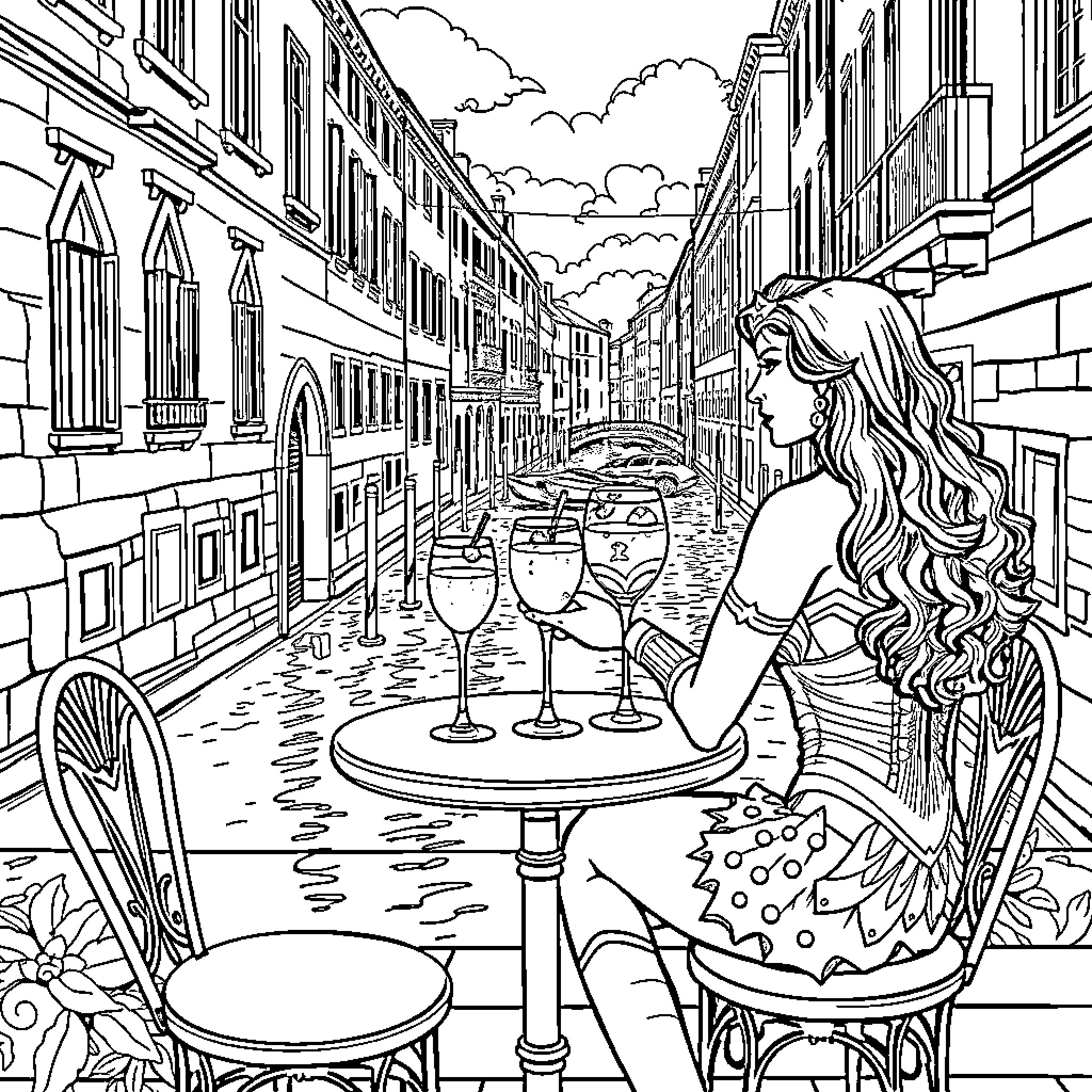 Wonder Woman Relaxes in Romantic Venetian Cafe Coloring Page (free black-and-white line drawing printable PDF for all, from beginners to advanced learners, including children, teens, adults, and seniors)