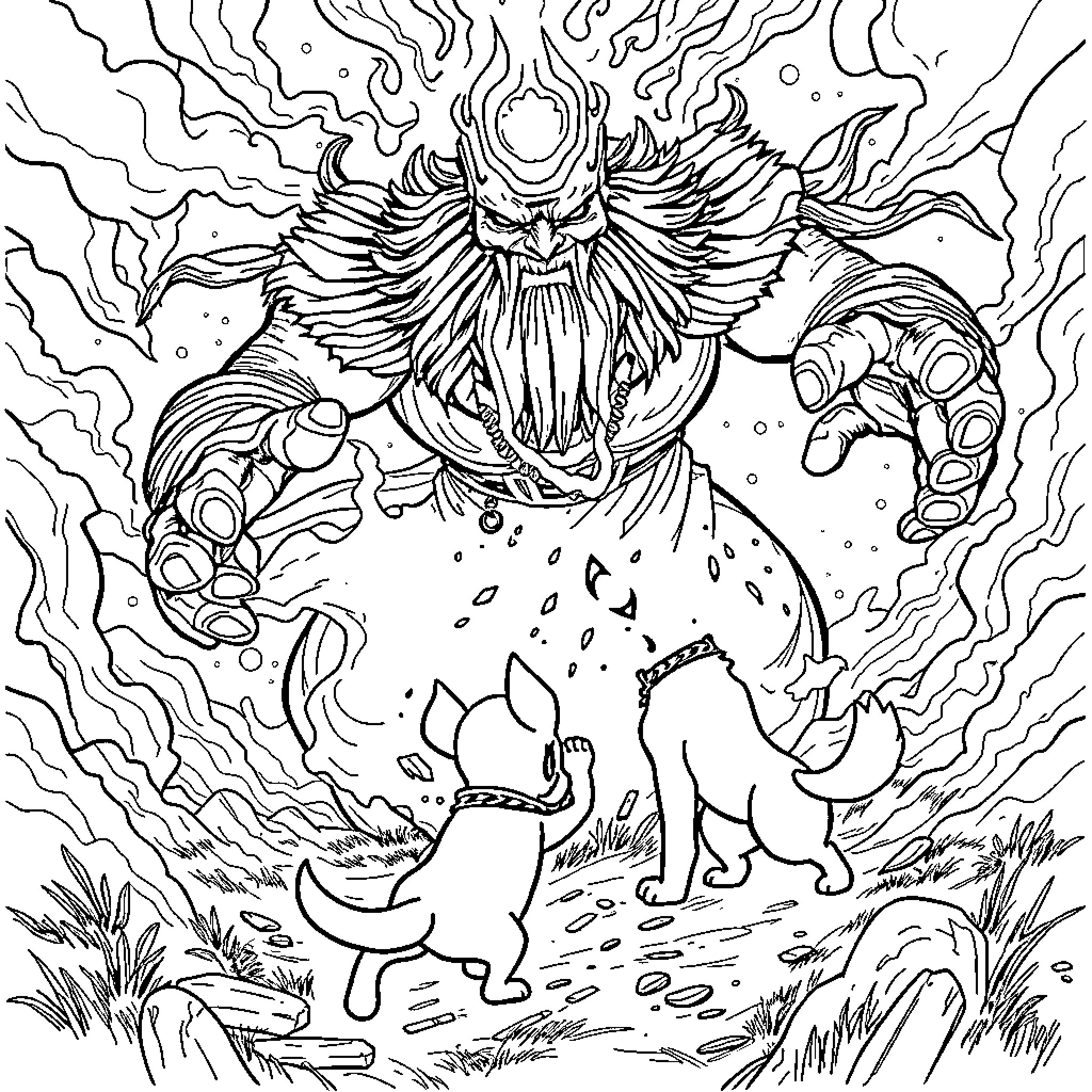 Bluey's Fantastical Adventure with Mysterious Creatures Coloring Page (free black-and-white line drawing printable PDF for all, from beginners to advanced learners, including children, teens, adults, and seniors)