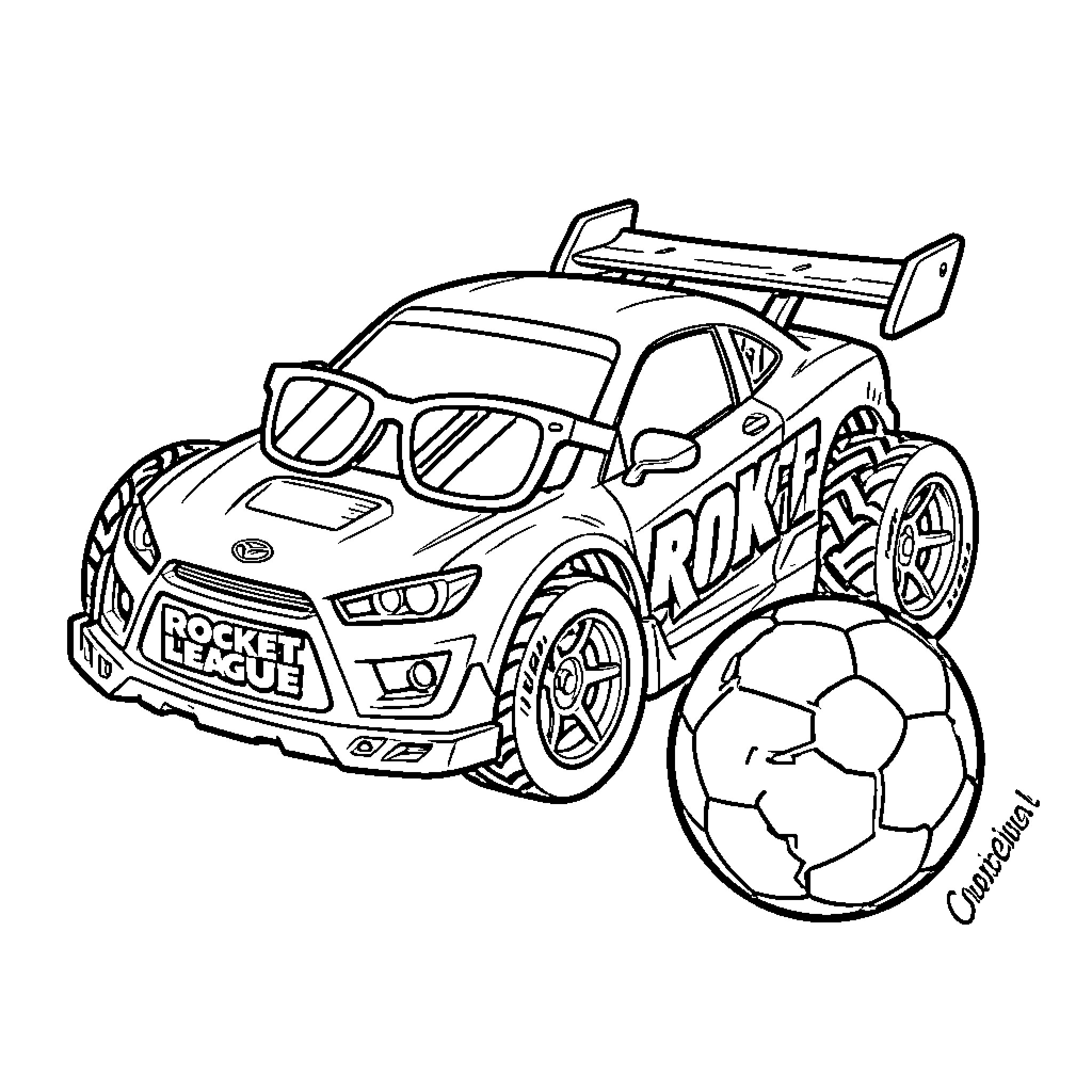 Car wearing sunglasses playing with a soccer ball Coloring Page (free black-and-white line drawing printable PDF for all, from beginners to advanced learners, including children, teens, adults, and seniors)