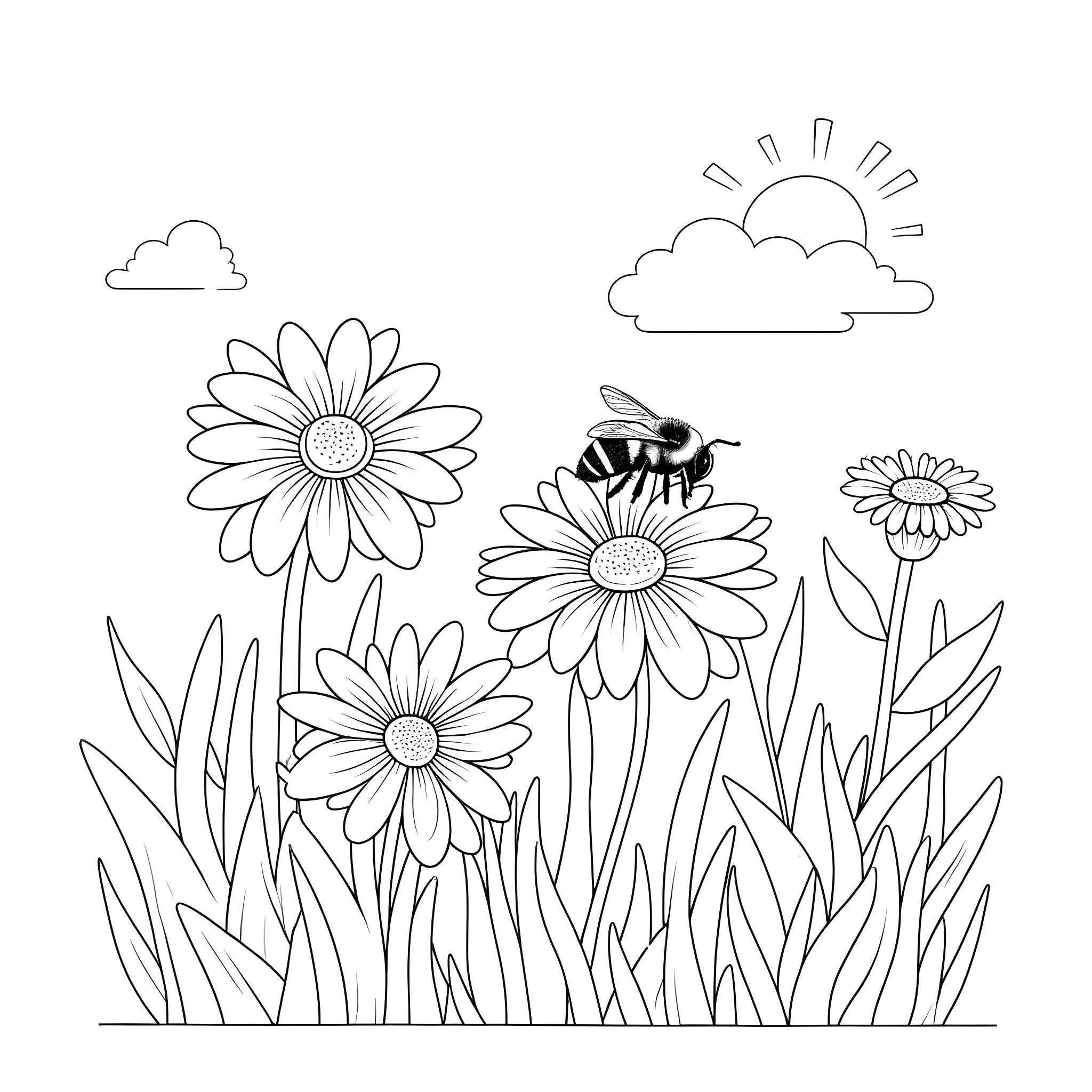Bumblebee pollinating daisy flowers in nature Coloring Page (free black-and-white line drawing printable PDF for all, from beginners to advanced learners, including children, teens, adults, and seniors)