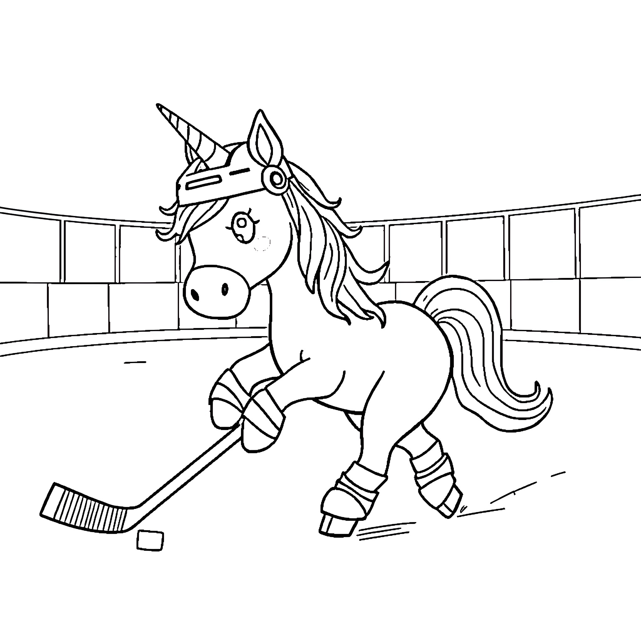 Unicorn playing hockey on ice rink Coloring Page (free black-and-white line drawing printable PDF for all, from beginners to advanced learners, including children, teens, adults, and seniors)