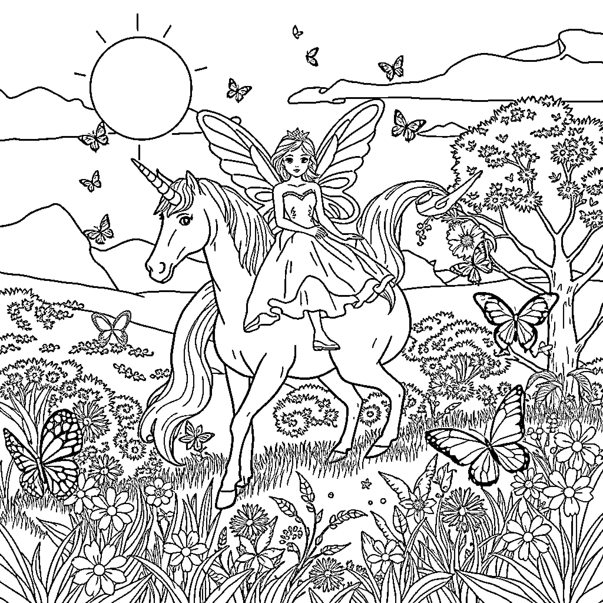 Fairy riding on a unicorn amidst a floral landscape Coloring Page (free black-and-white line drawing printable PDF for all, from beginners to advanced learners, including children, teens, adults, and seniors)