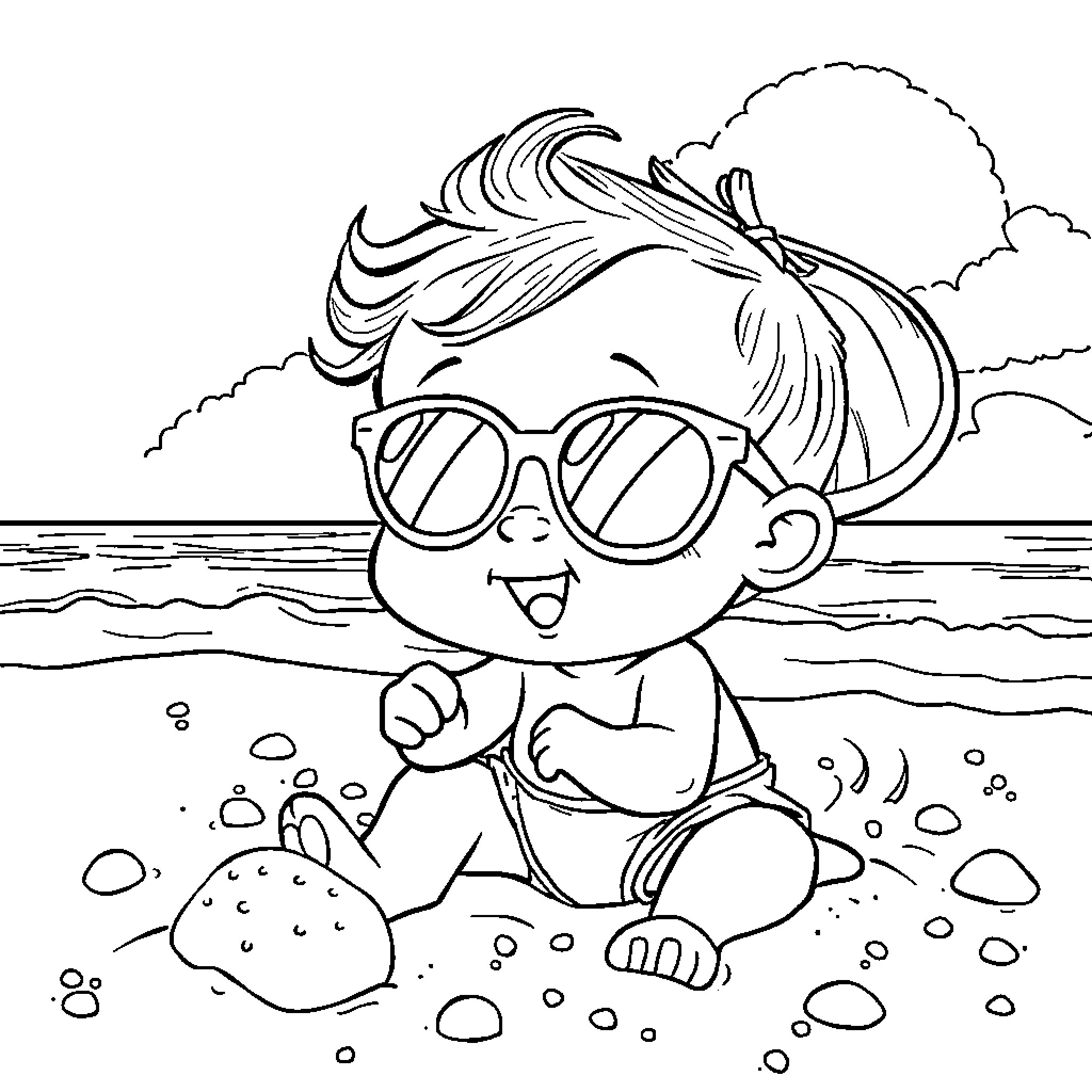 Baby playing happily on the beach Coloring Page (free black-and-white line drawing printable PDF for all, from beginners to advanced learners, including children, teens, adults, and seniors)