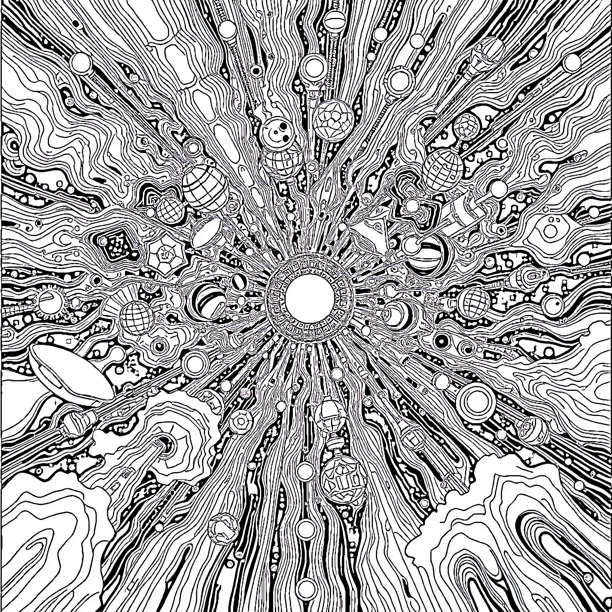 Vibration of abstract organic forms Coloring Page (free black-and-white line drawing printable PDF for all, from beginners to advanced learners, including children, teens, adults, and seniors)