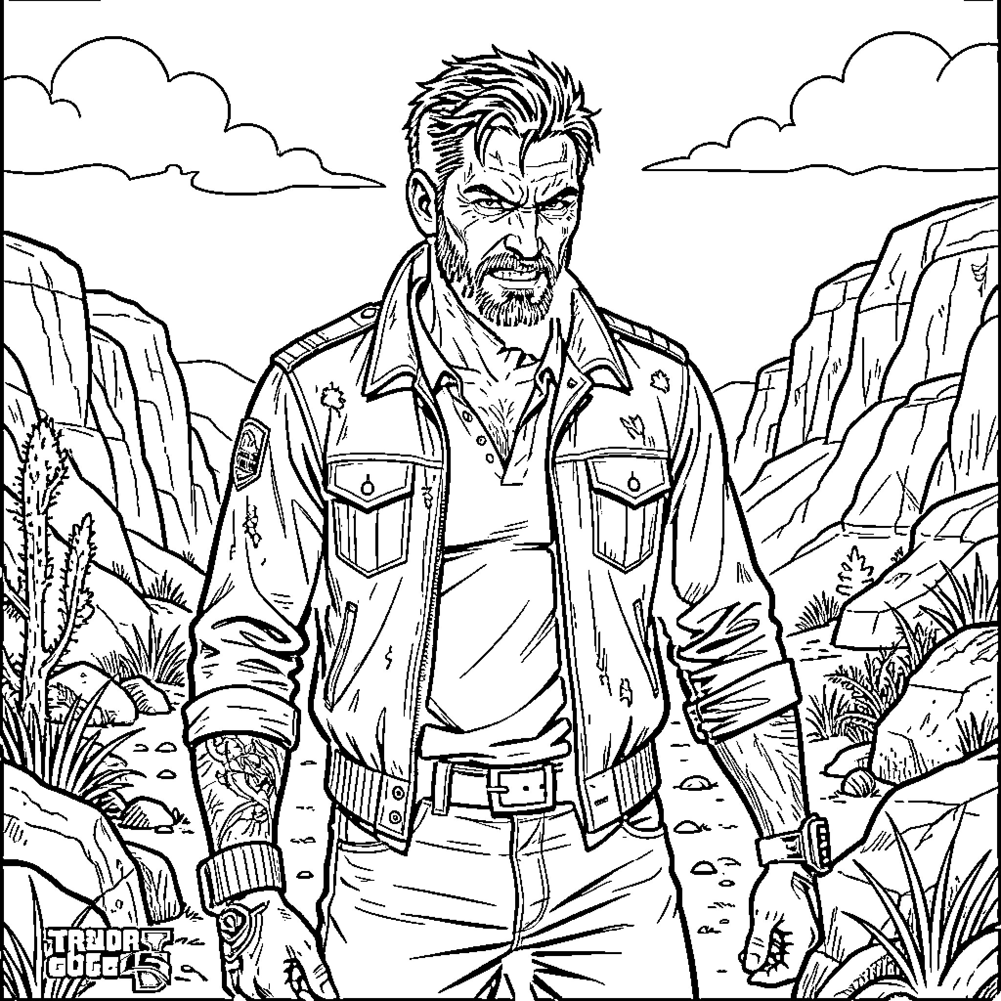 Trevor standing intensely in a rugged canyon landscape Coloring Page (free black-and-white line drawing printable PDF for all, from beginners to advanced learners, including children, teens, adults, and seniors)