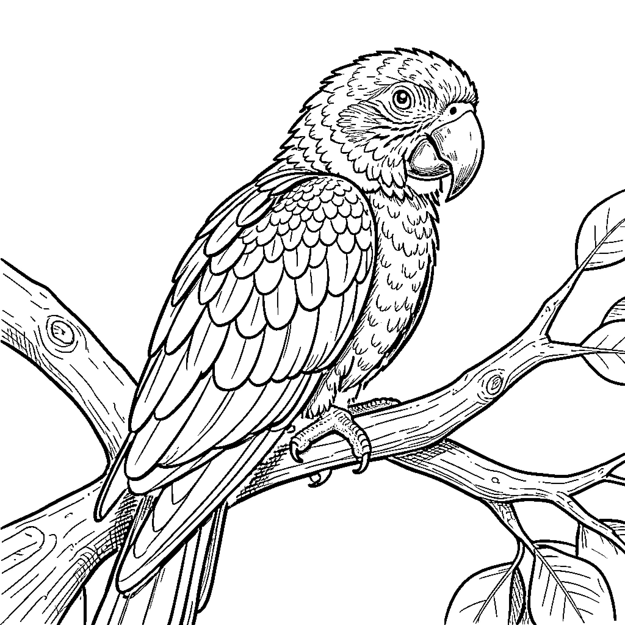 Parrot perched on tree branch with detailed feathers Coloring Page (free black-and-white line drawing printable PDF for all, from beginners to advanced learners, including children, teens, adults, and seniors)