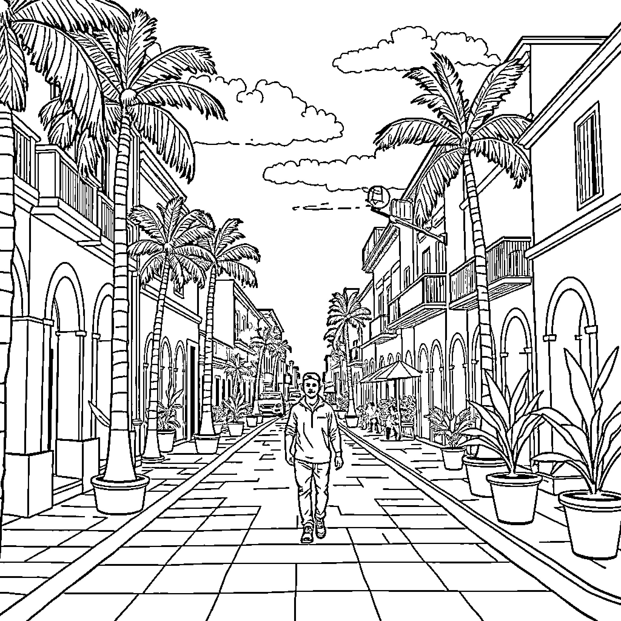Person walking along a tropical city street Coloring Page (free black-and-white line drawing printable PDF for all, from beginners to advanced learners, including children, teens, adults, and seniors)
