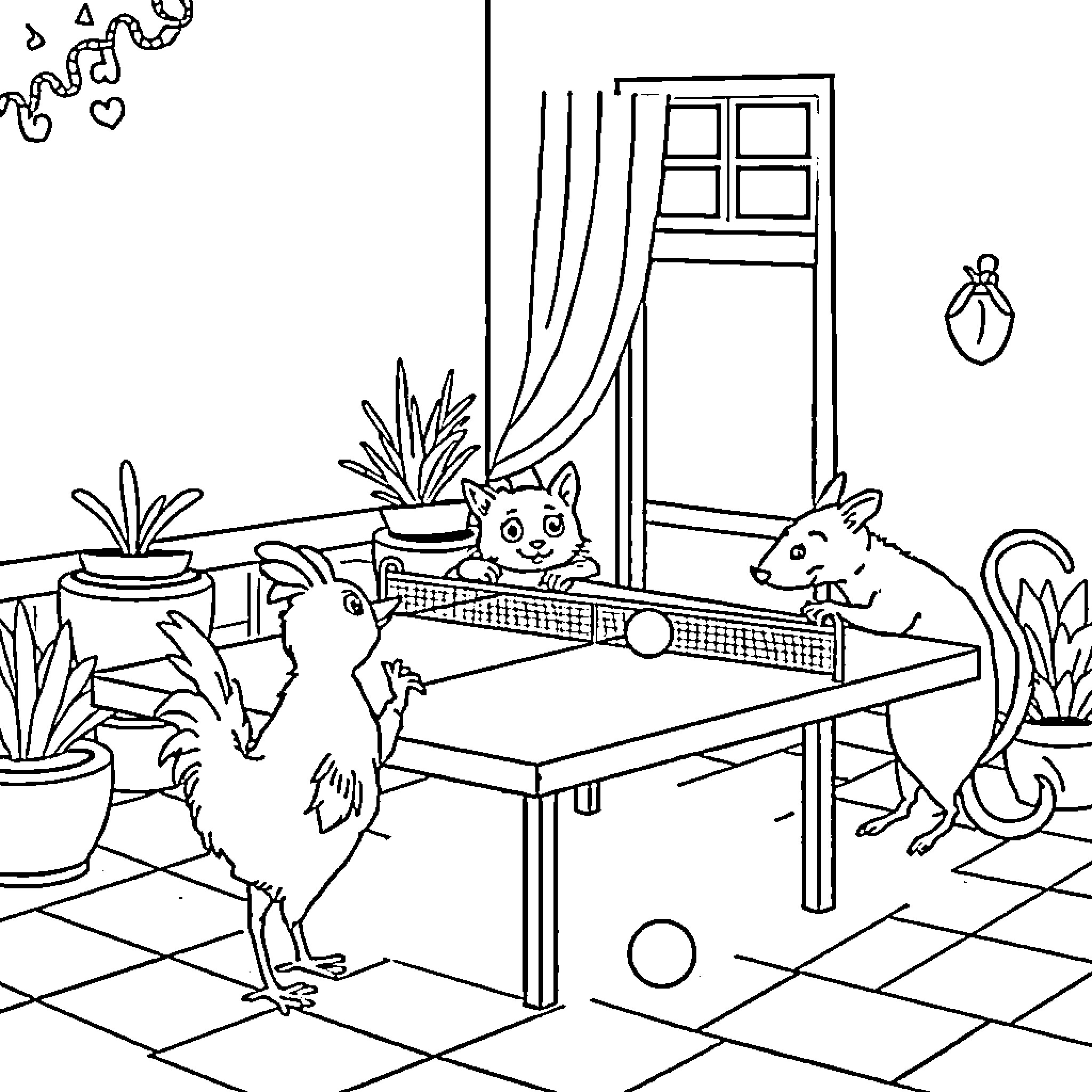 Animal friends playing ping-pong in cozy room Coloring Page (free black-and-white line drawing printable PDF for all, from beginners to advanced learners, including children, teens, adults, and seniors)