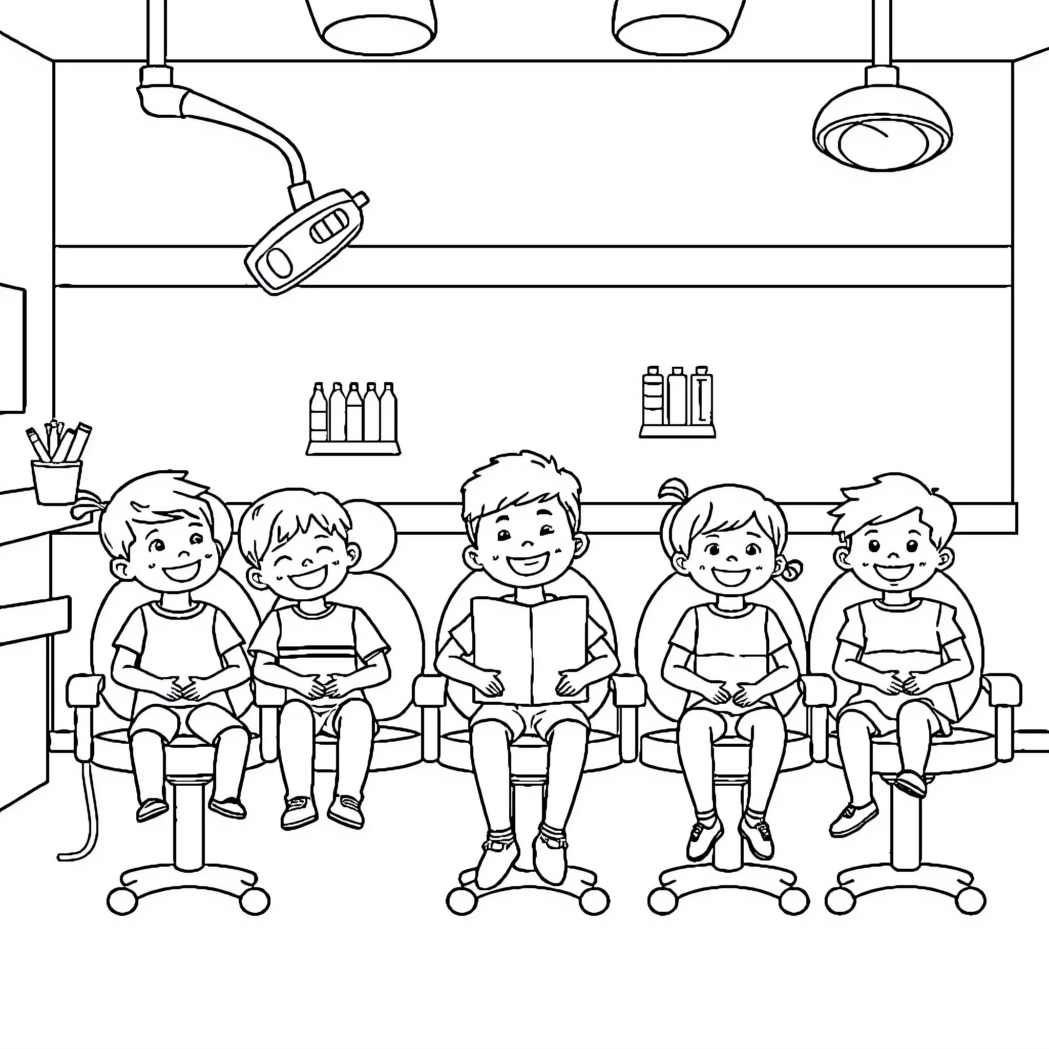 Kids waiting patiently in the doctor's office Coloring Page (free black-and-white line drawing printable PDF for all, from beginners to advanced learners, including children, teens, adults, and seniors)