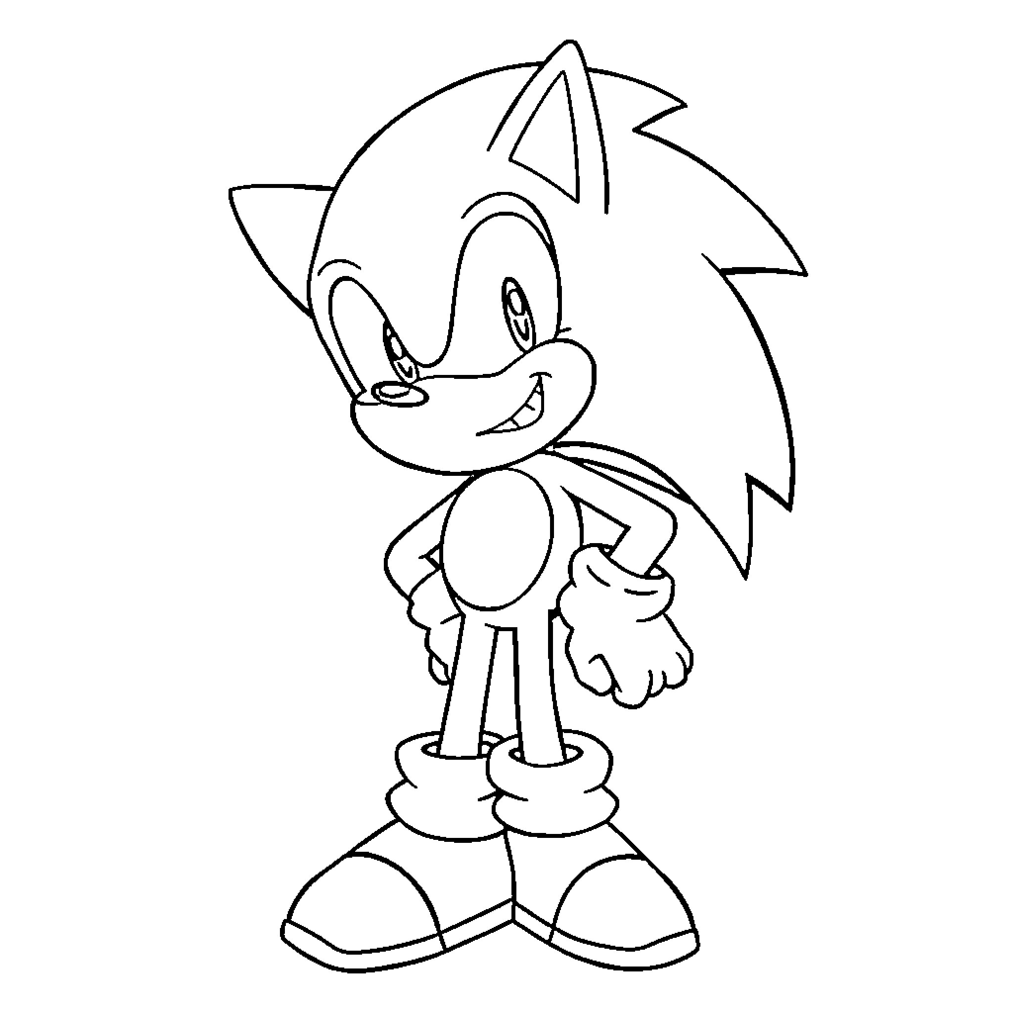 Sonic the Hedgehog smiling and posing Coloring Page (free black-and-white line drawing printable PDF for all, from beginners to advanced learners, including children, teens, adults, and seniors)