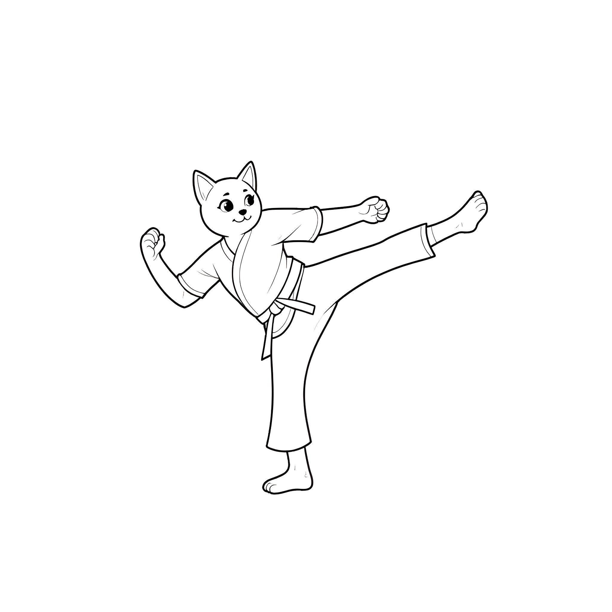 Cat practicing martial arts in karate outfit Coloring Page (free black-and-white line drawing printable PDF for all, from beginners to advanced learners, including children, teens, adults, and seniors)
