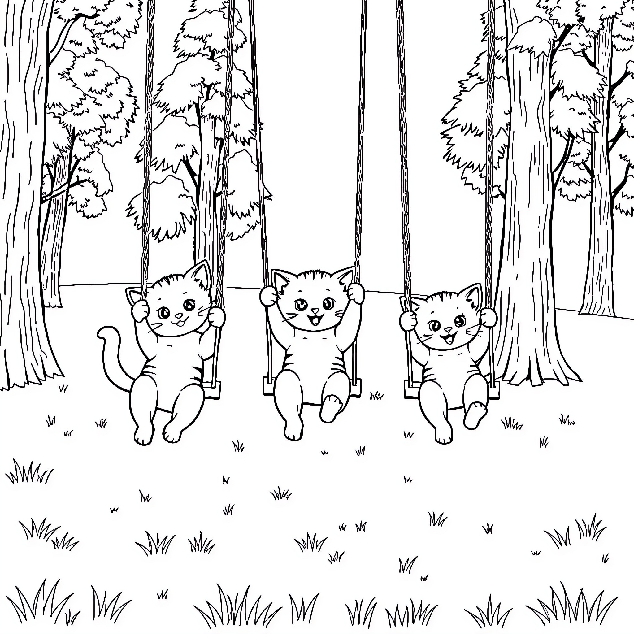 Kittens swinging happily in the forest Coloring Page (free black-and-white line drawing printable PDF for all, from beginners to advanced learners, including children, teens, adults, and seniors)