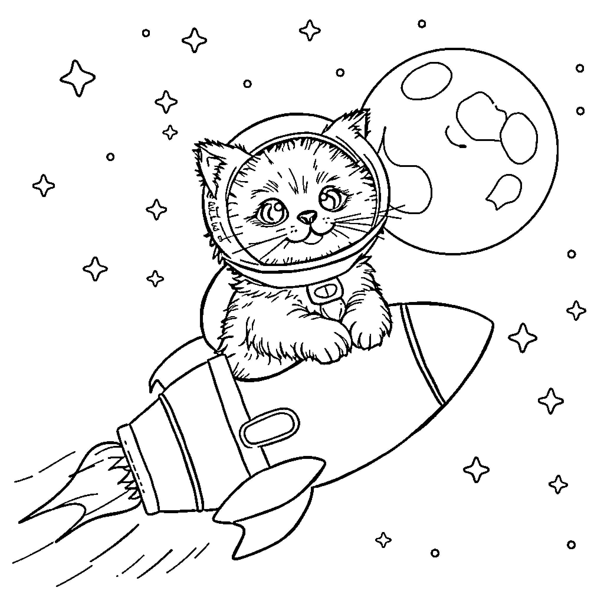 Cat Astronaut Exploring the Starry Night Sky Coloring Page (free black-and-white line drawing printable PDF for all, from beginners to advanced learners, including children, teens, adults, and seniors)