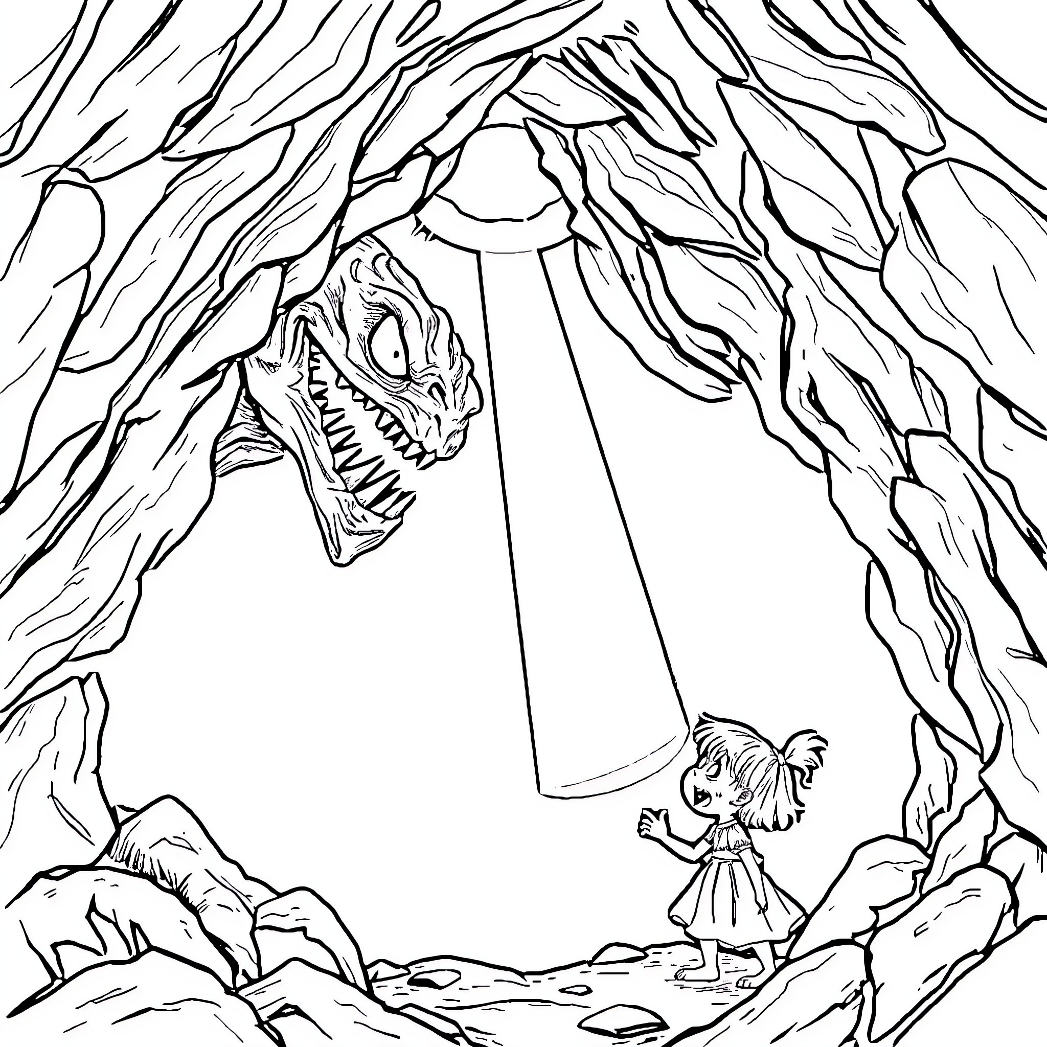 Monster Emerging from Dark Cave to Confront Girl Coloring Page (free black-and-white line drawing printable PDF for all, from beginners to advanced learners, including children, teens, adults, and seniors)