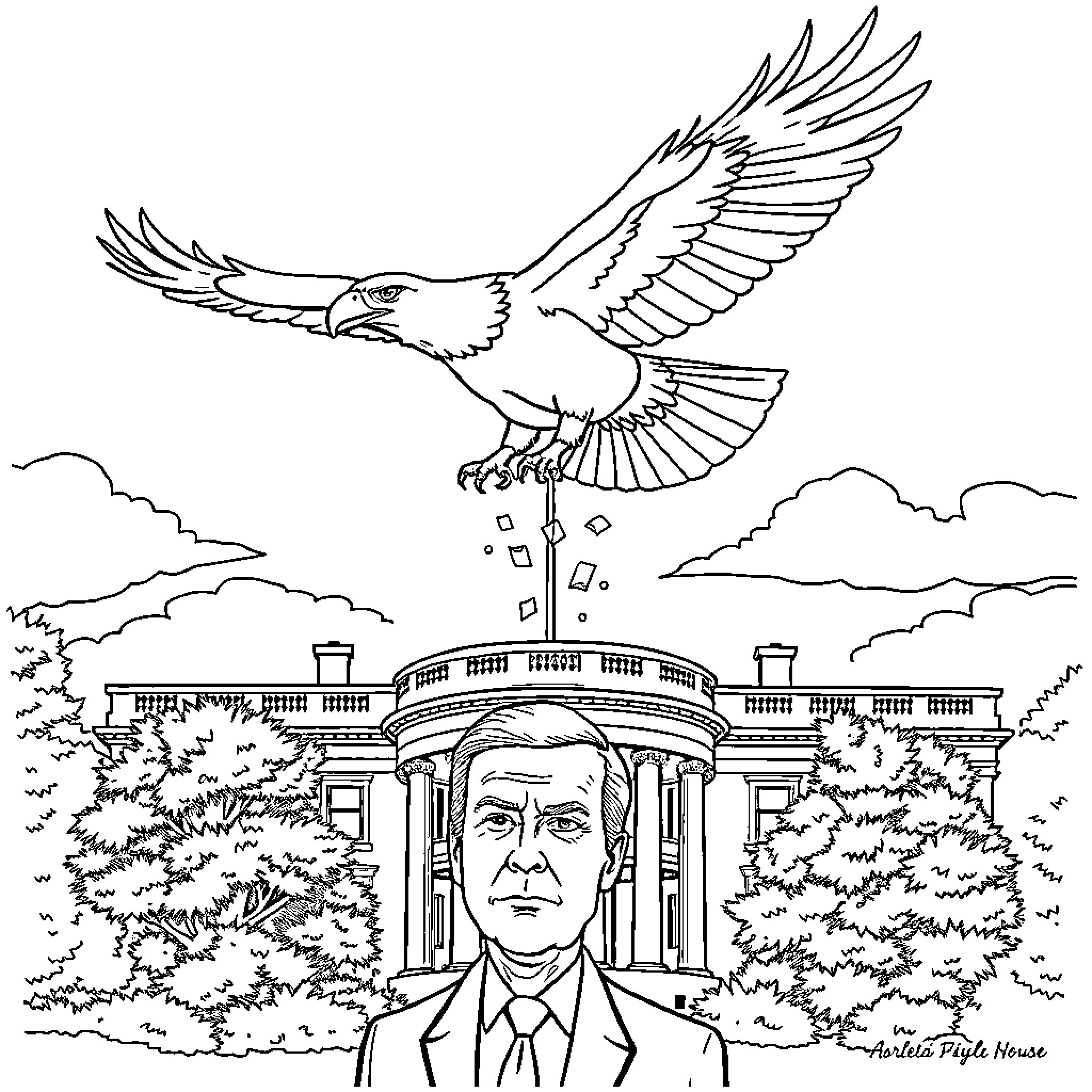 Eagle soaring over the White House Coloring Page (free black-and-white line drawing printable PDF for all, from beginners to advanced learners, including children, teens, adults, and seniors)