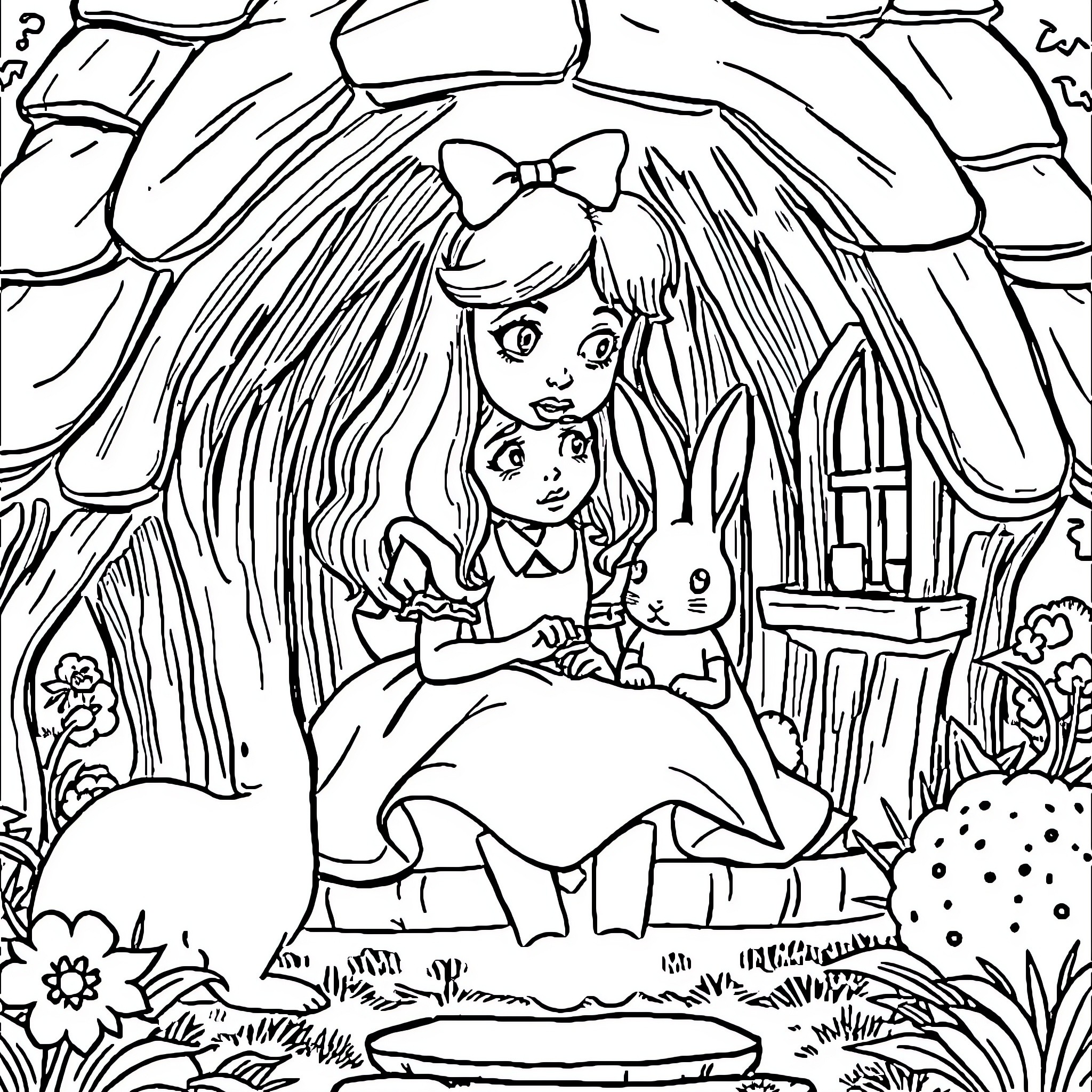 Alice's Whimsical Adventure in the Enchanted Forest Coloring Page (free black-and-white line drawing printable PDF for all, from beginners to advanced learners, including children, teens, adults, and seniors)