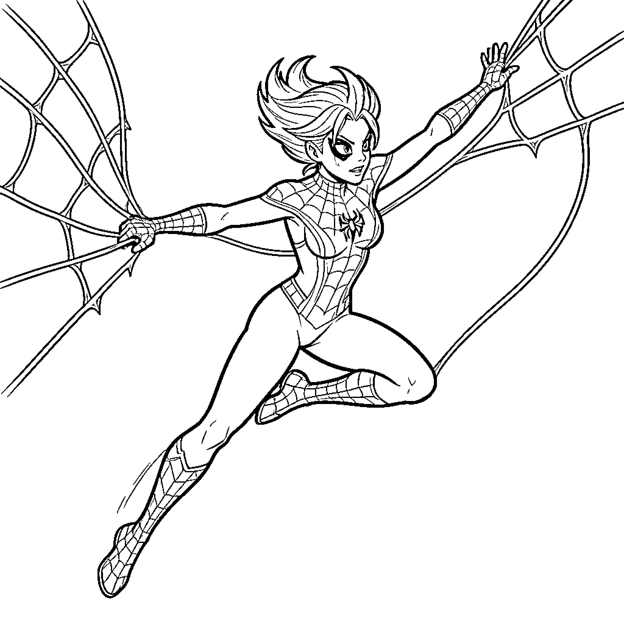Spider Girl swinging through the air on webs Coloring Page (free black-and-white line drawing printable PDF for all, from beginners to advanced learners, including children, teens, adults, and seniors)