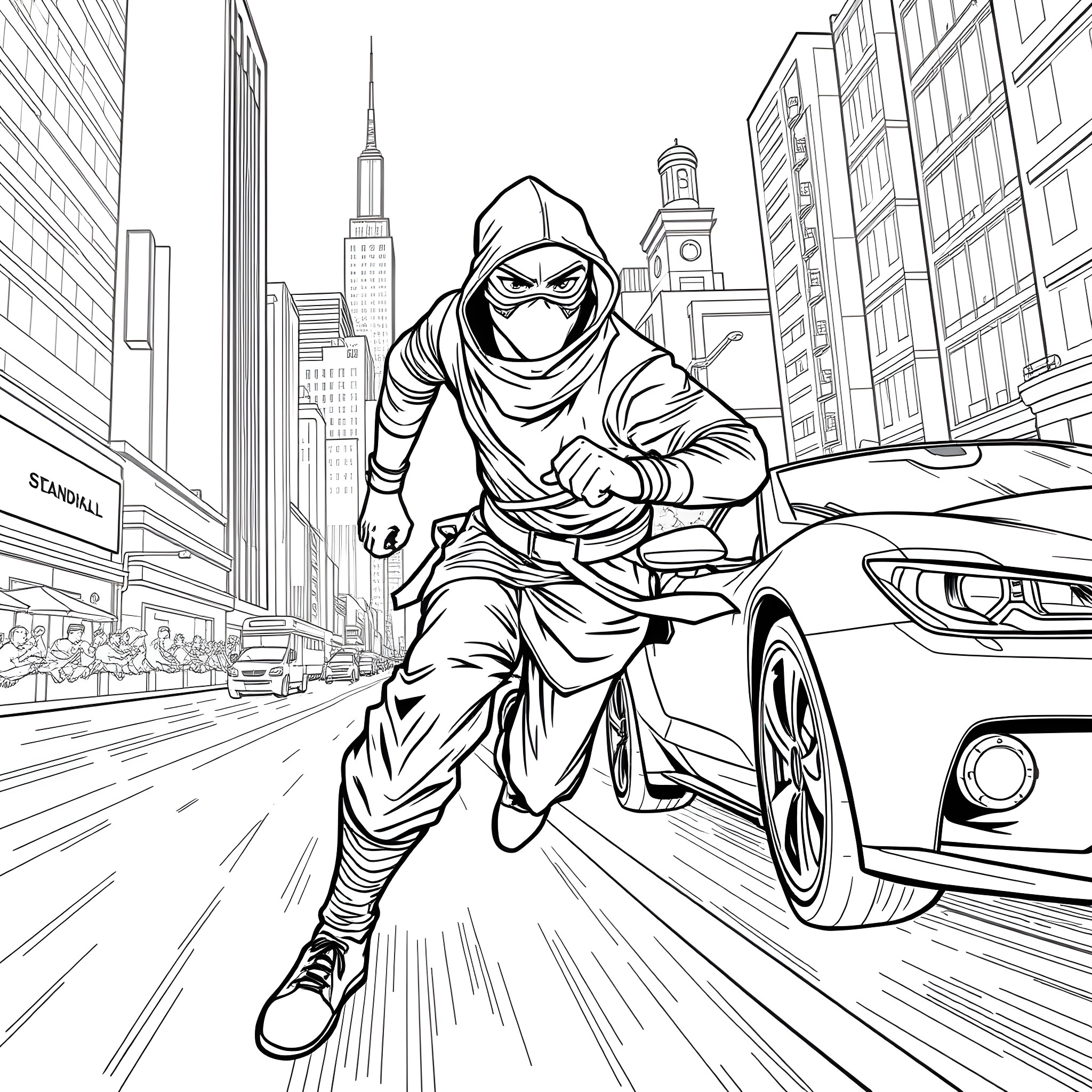 Ninja dashing through the city streets Coloring Page (free black-and-white line drawing printable PDF for all, from beginners to advanced learners, including children, teens, adults, and seniors)