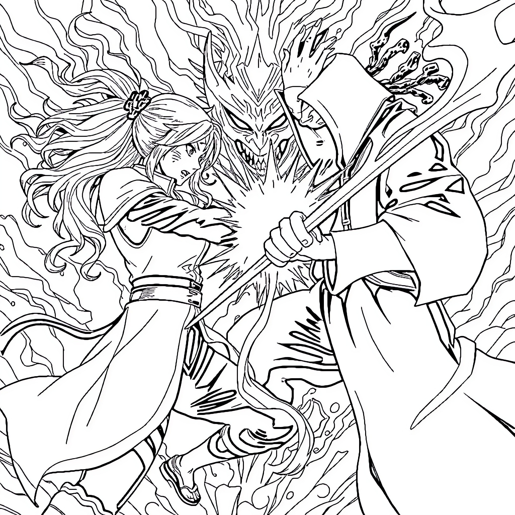 Tsunade's Fierce Battle Against a Powerful Foe Coloring Page (free black-and-white line drawing printable PDF for all, from beginners to advanced learners, including children, teens, adults, and seniors)