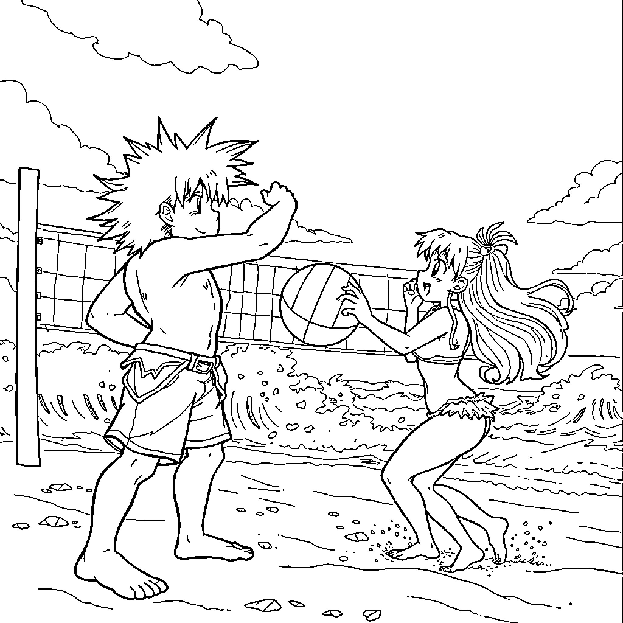 Chrono Trigger: Characters playing volleyball on a beach Coloring Page (free black-and-white line drawing printable PDF for all, from beginners to advanced learners, including children, teens, adults, and seniors)