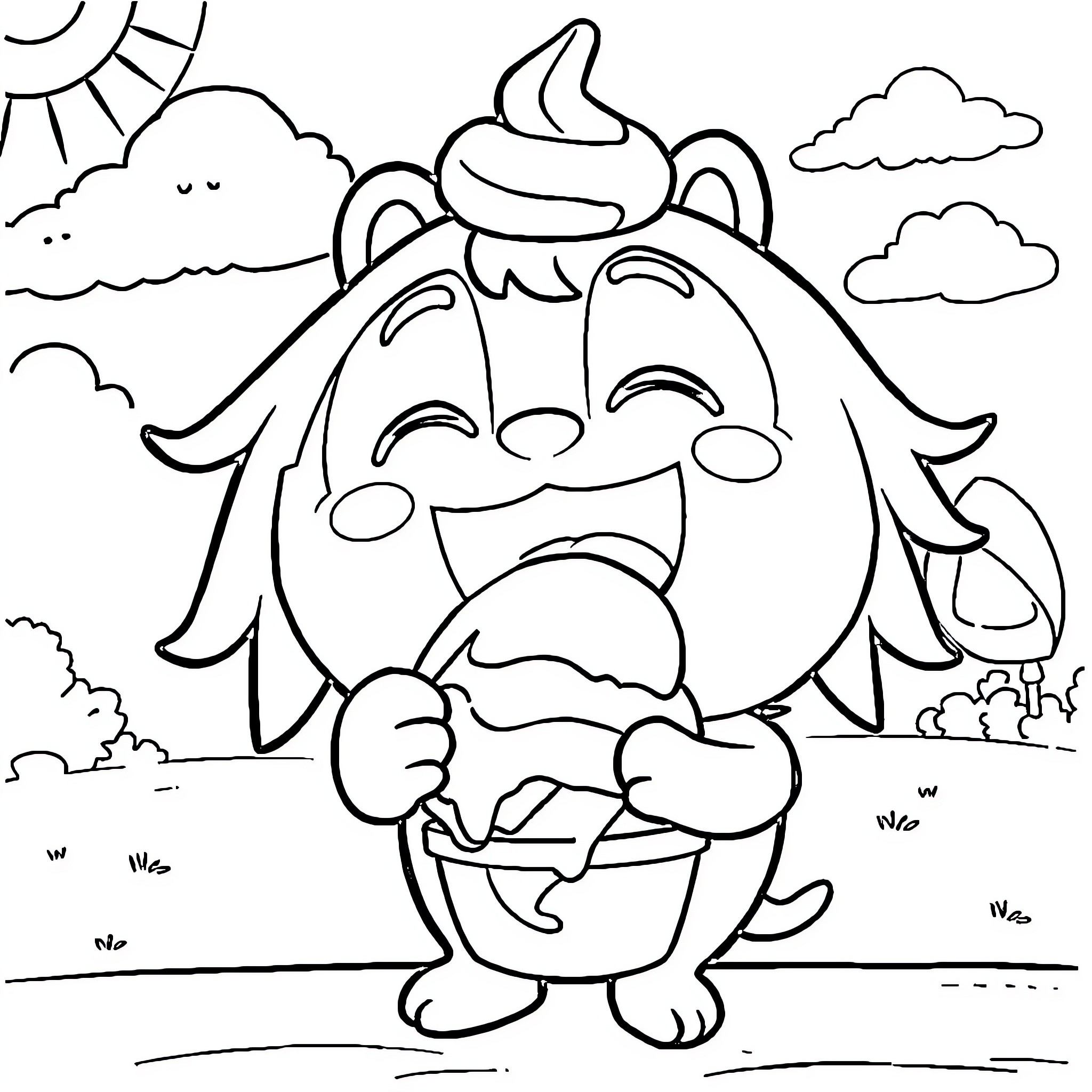 Momo's Joyful Outdoor Adventure Coloring Page (free black-and-white line drawing printable PDF for all, from beginners to advanced learners, including children, teens, adults, and seniors)