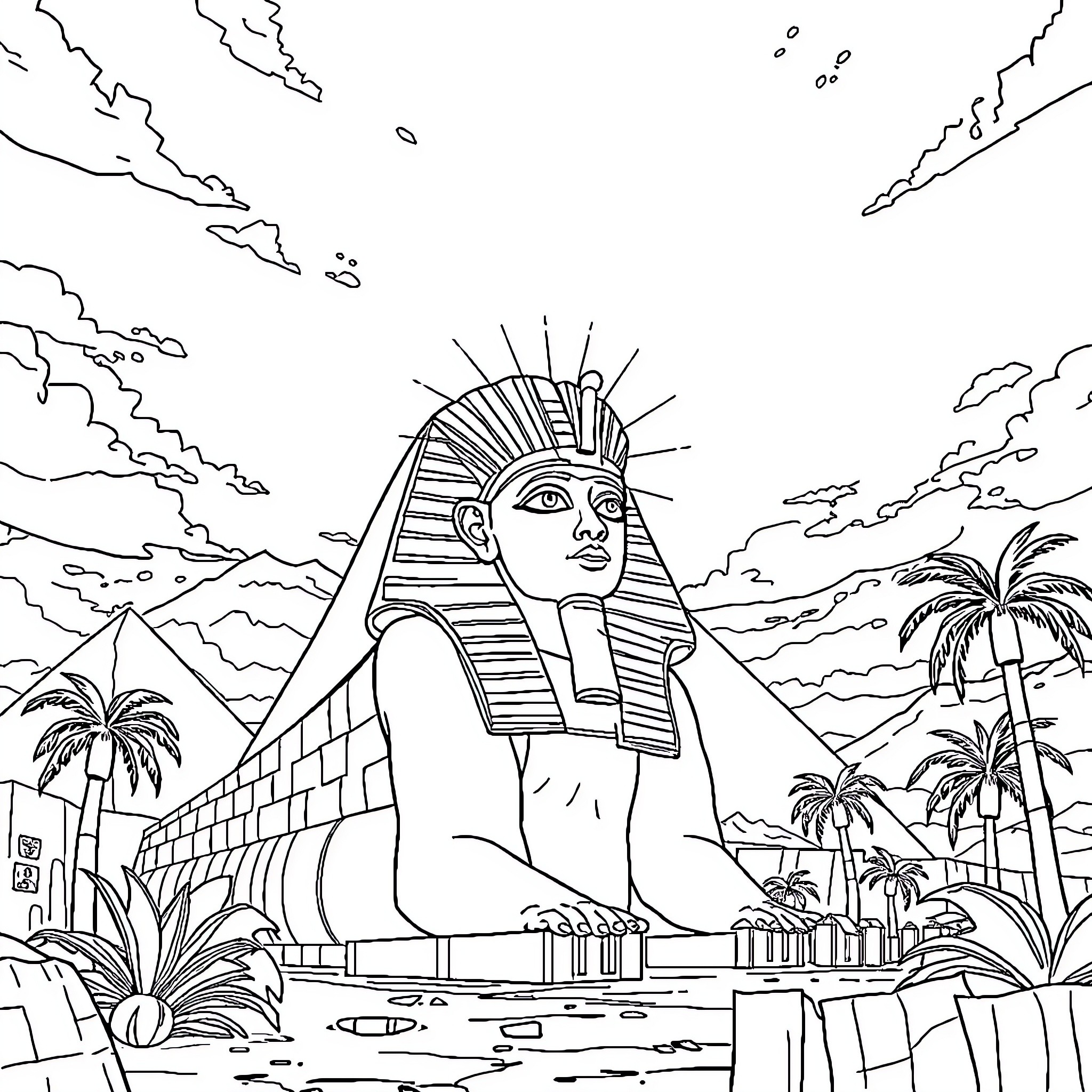 Radiant Egyptian Sphinx in Desert Oasis Coloring Page (free black-and-white line drawing printable PDF for all, from beginners to advanced learners, including children, teens, adults, and seniors)