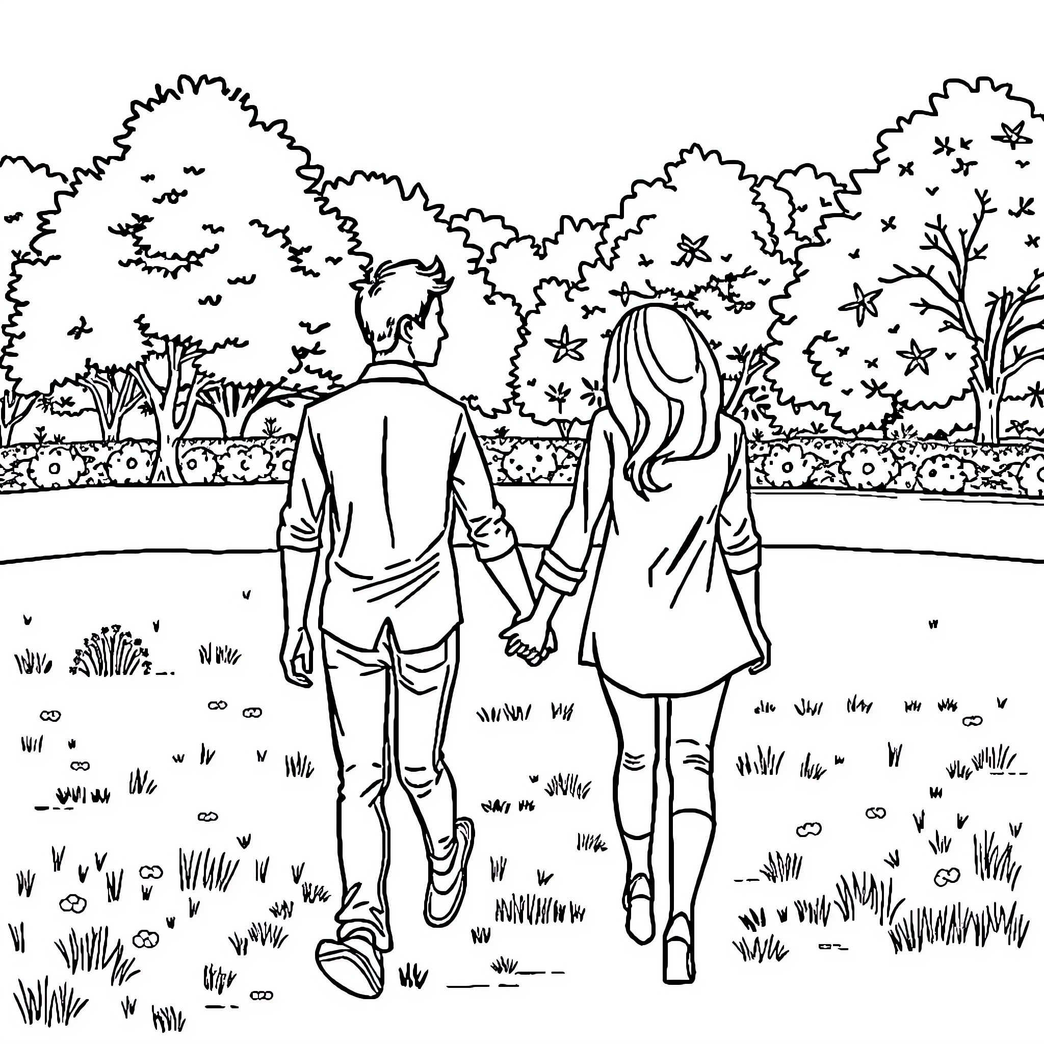 Couple walking together in a park Coloring Page (free black-and-white line drawing printable PDF for all, from beginners to advanced learners, including children, teens, adults, and seniors)