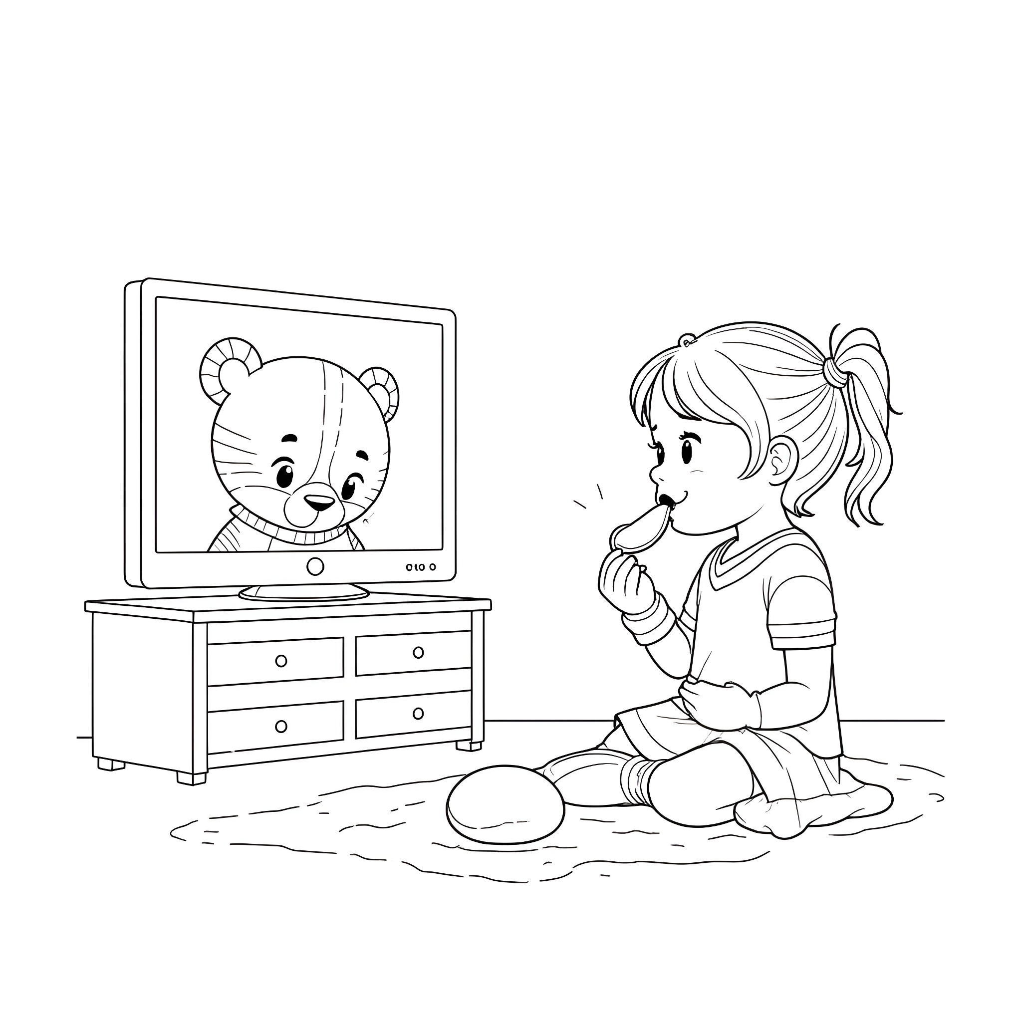 Girl watching cartoons on TV Coloring Page (free black-and-white line drawing printable PDF for all, from beginners to advanced learners, including children, teens, adults, and seniors)