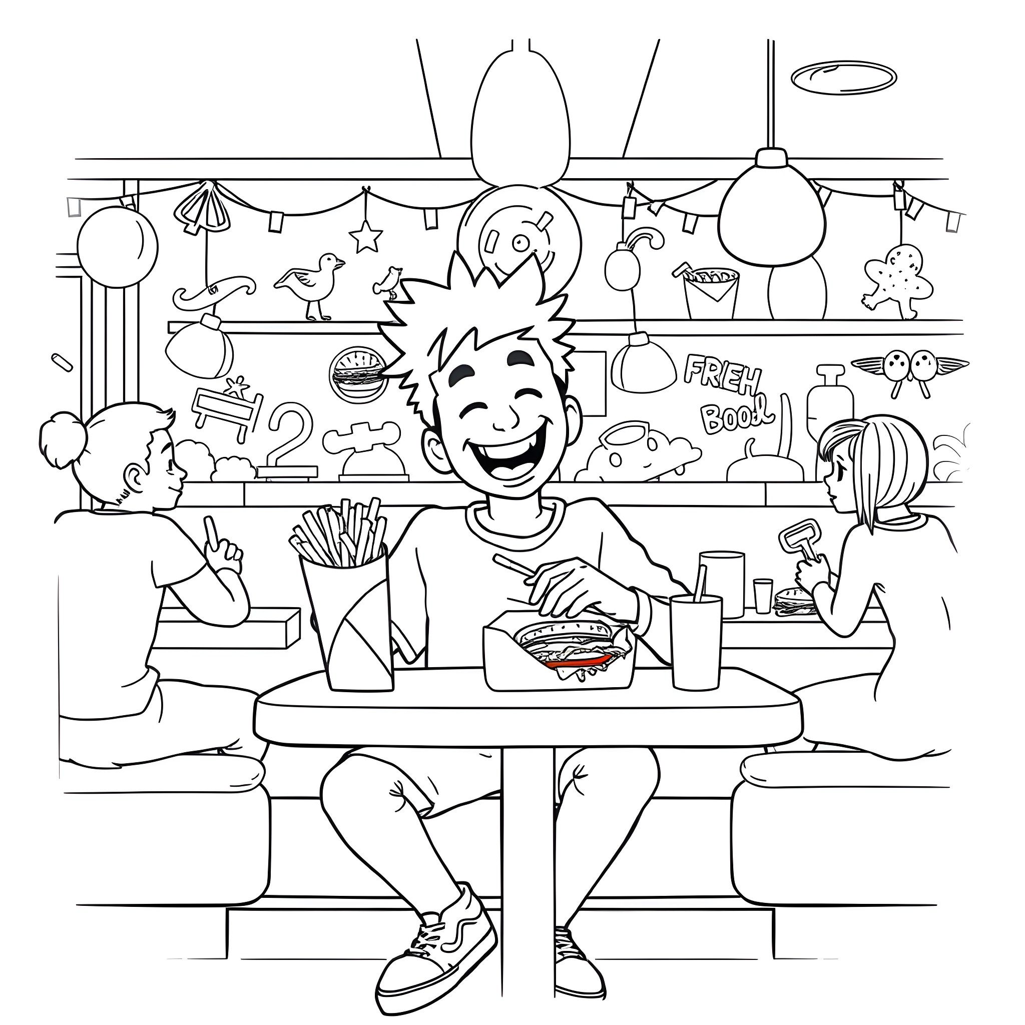 Tyler enjoying a meal in a colorful restaurant Coloring Page (free black-and-white line drawing printable PDF for all, from beginners to advanced learners, including children, teens, adults, and seniors)