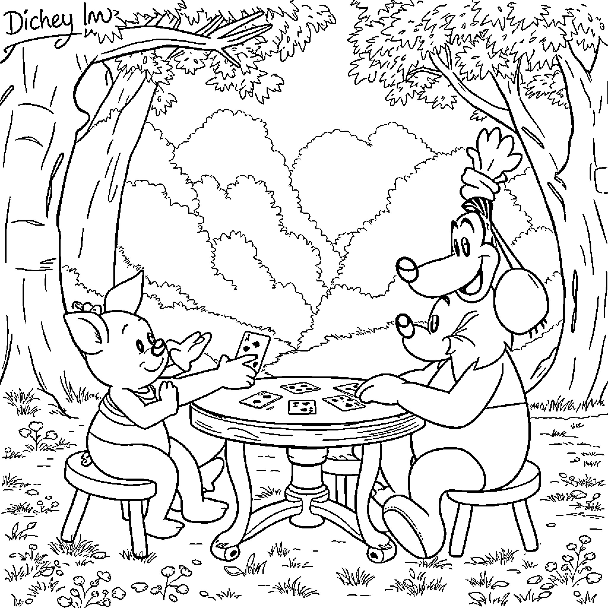 Piglet friends playing card game in the forest Coloring Page (free black-and-white line drawing printable PDF for all, from beginners to advanced learners, including children, teens, adults, and seniors)